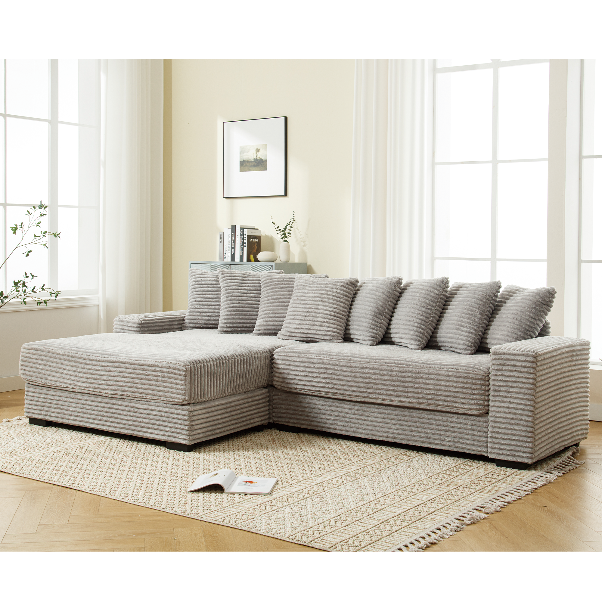 [NEW ARRIVED] [VIDEO PROVIDED] Oversized Two-Piece  Couches,  L Shaped Sofa, Corduroy, Left Chaise Daybed,with Armrests,Eight Throw Pillows,Corner Sofa,Easy To Assemble,  Gray