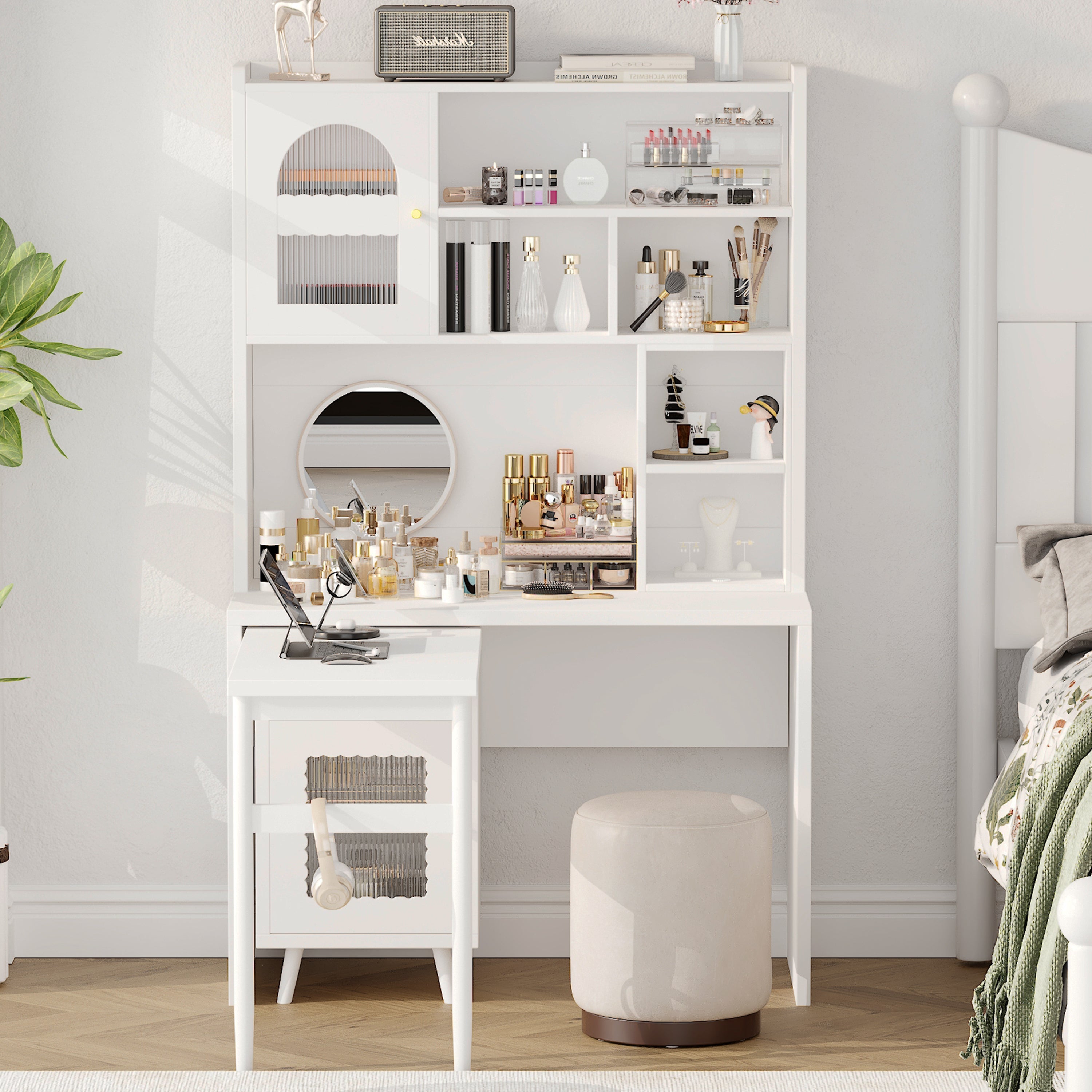 Computer Desk with 90 Degree Rotating Desktop, 43x70 Inch Office Desk with Storage Drawer and Cabinets, Gaming Desk with Shelves, Writing Desk for Study, Work Desk for Home Office Bedroom Living Room