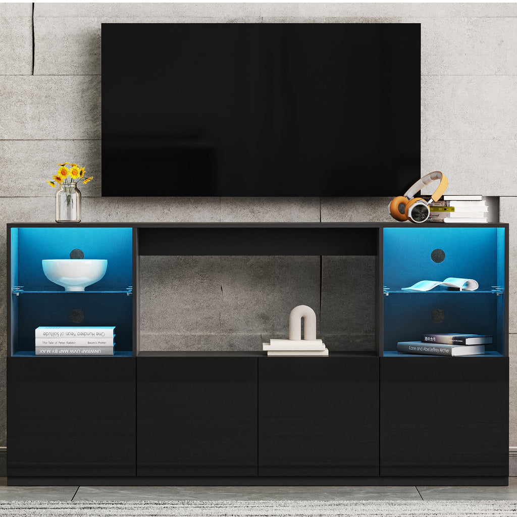 ON-TREND High Gloss TV Stand with LED Lights, Modern Sideboard with Large Storage Cabinet, Media Console with Tempered Glass Shelves for TVs up to 75', Living Room, Black, 67'Wx13.7'D