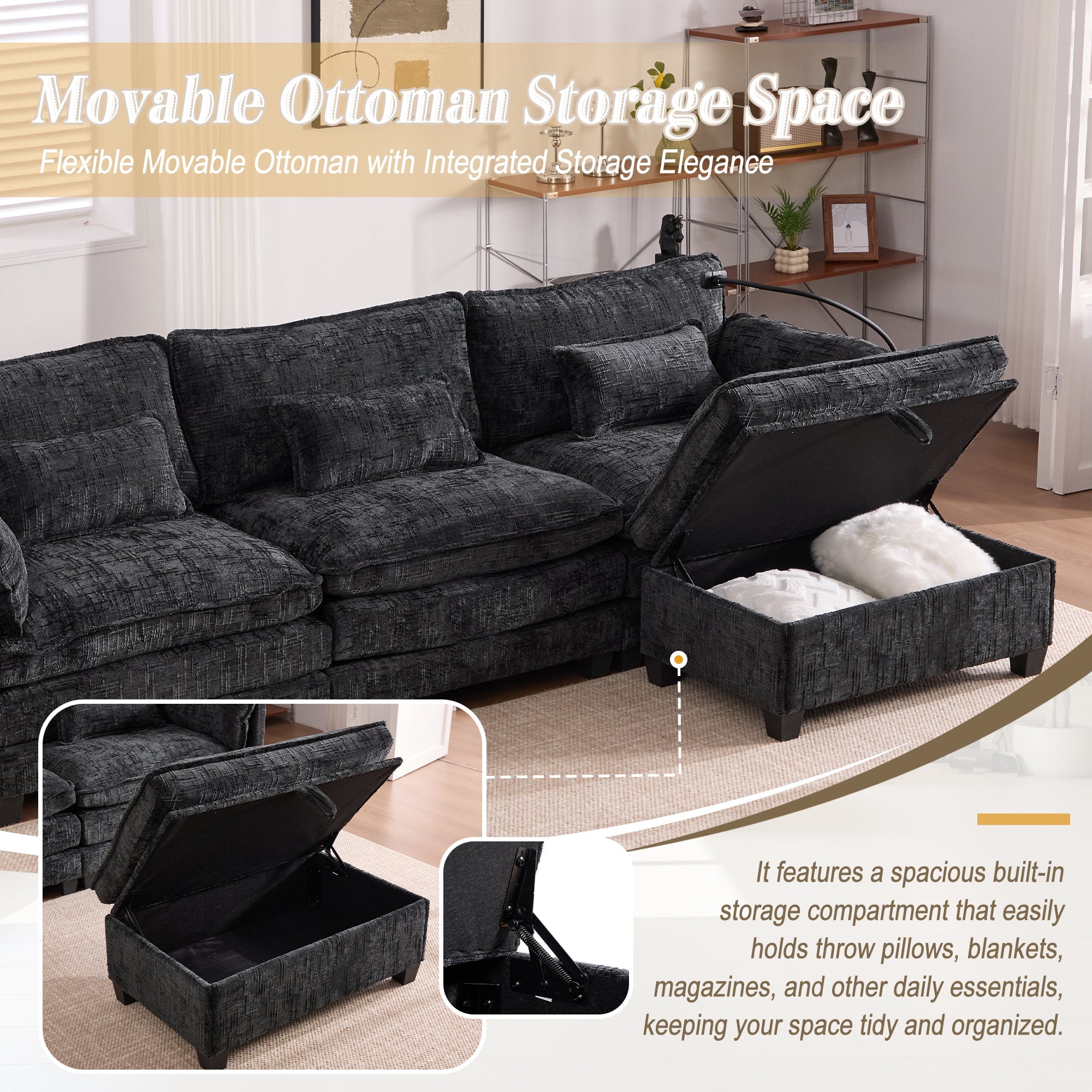 UNITED WE WIN 112' Oversized Sectional Sofa Cloud Couch for Living Room, Modern Chenille L Shaped Couch, Comfy Boucle Modular Sofa Sleeper with Movable Storage Ottoman, Phone Holder, USB Charging Port