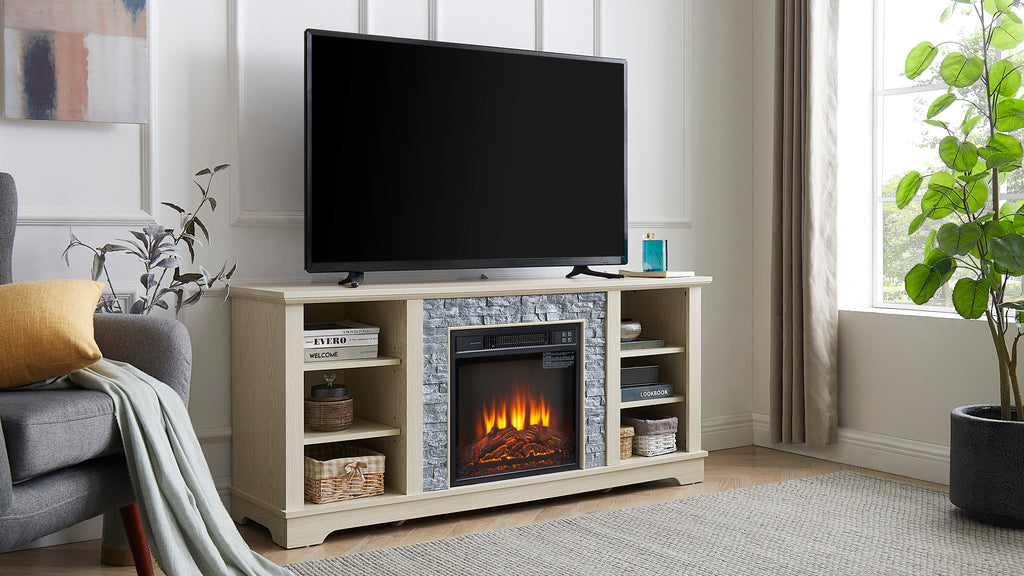 Mantel Electric Fireplace Stone TV Media Stand, Open Storage Modern Entertainment Console  Space with 18' Fireplace Insert, White, 58.31'W*15.39'D*26.06'H