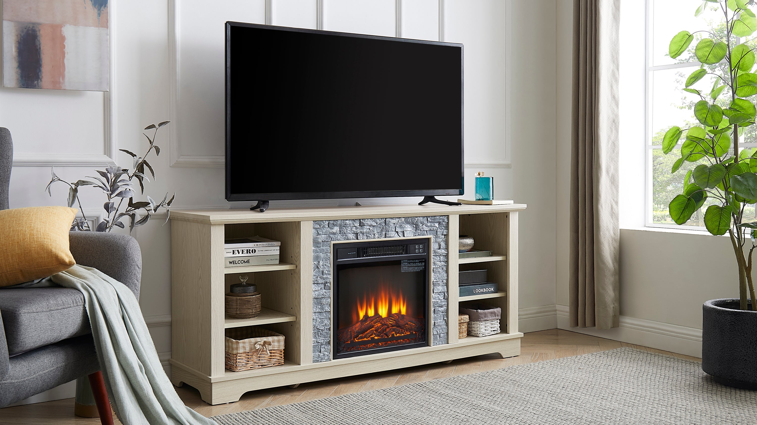 Mantel Electric Fireplace Stone TV Media Stand, Open Storage Modern Entertainment Console  Space with 18' Fireplace Insert, White, 58.31'W*15.39'D*26.06'H