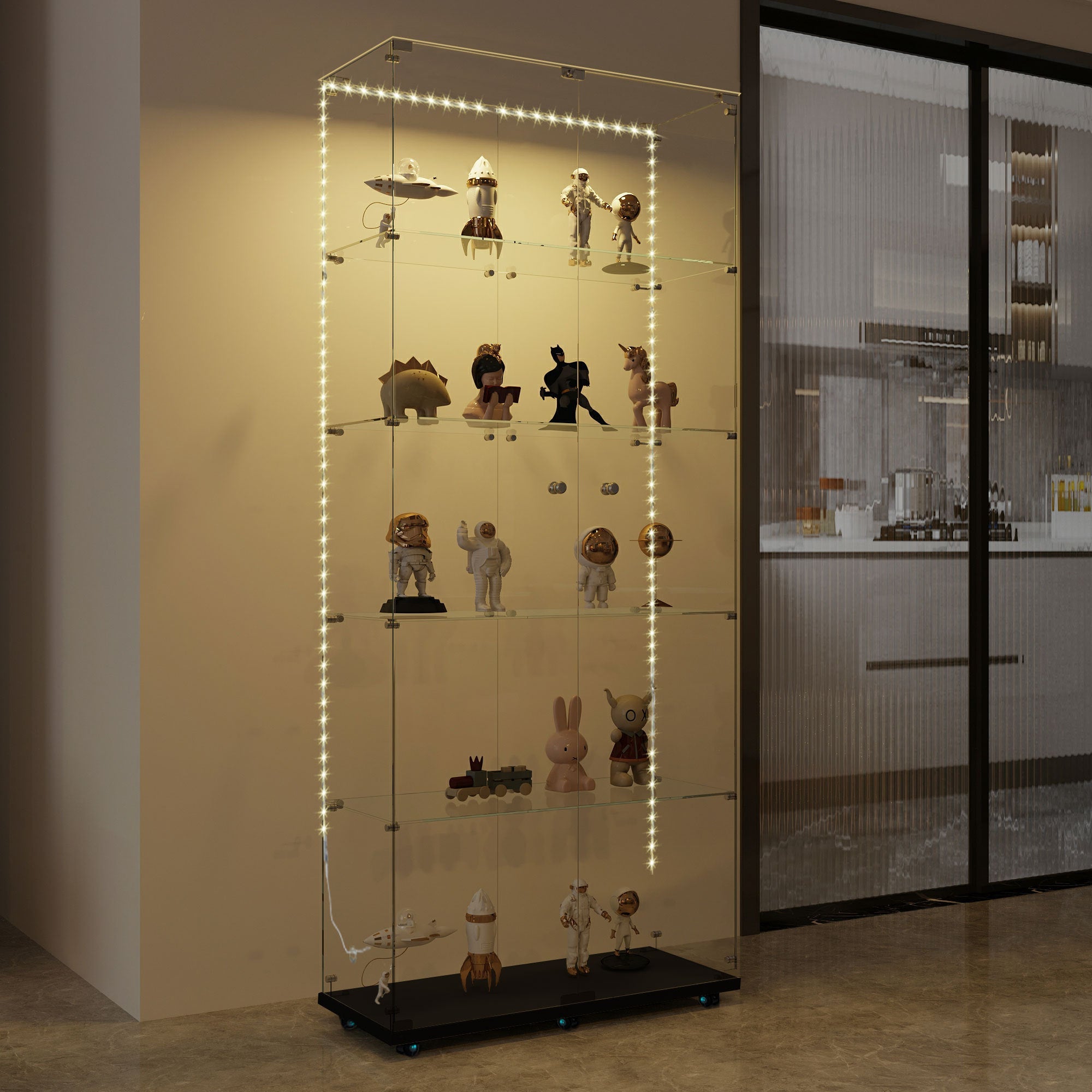 Tempered Glass Display Cabinet, Wine Cabinet, Storage Cabinet, File Cabinet with Bluetooth LED Light Strips, Lock on Door, Tempered Glass Top, Casters at Bottom for Easy Movement, Color: Black