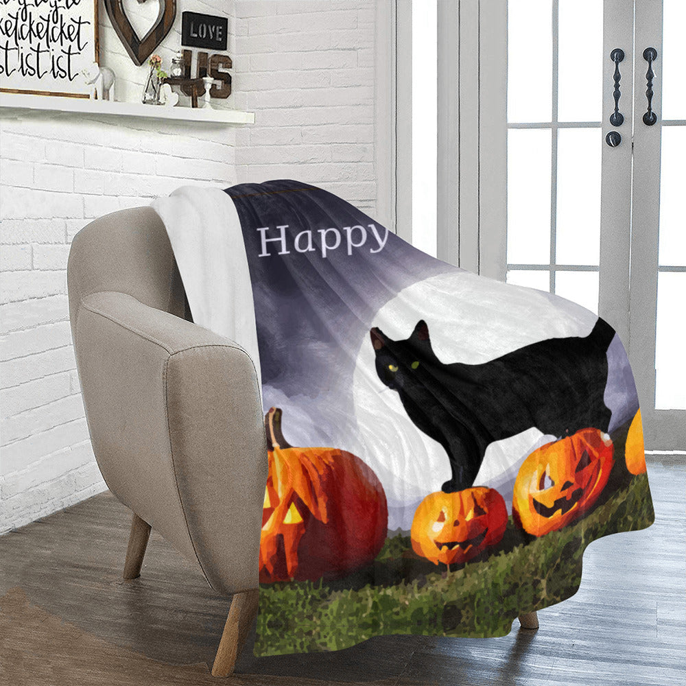 Halloween Black Cat on Orange Pumpkins Ultra Soft Blanket 43" x 56" (Made in USA)