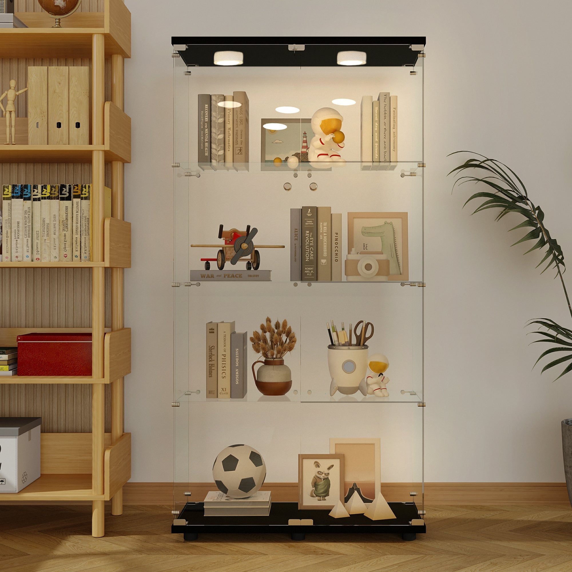 Tempered glass display cabinet,wine cabinet,storage cabinet,file cabinet,with a variety of colors of pat lights,door locks,adjustable floor feet suitable for uneven ground,can be placed anywhere,black