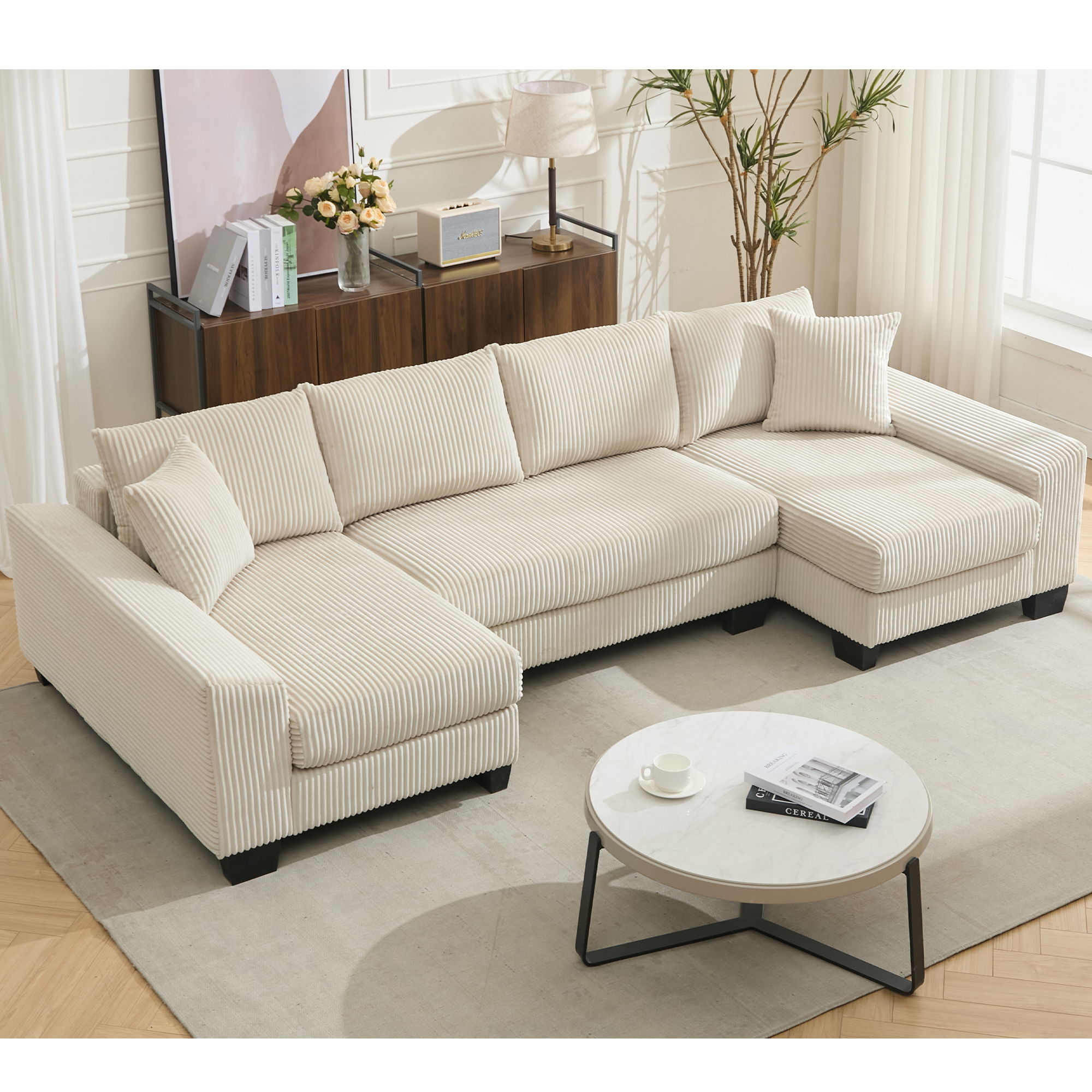 [NEW ARRIVED] [VIDEO PROVIDED] 114' Sleeper Sofa,U Shaped Sofa , Pull Out Bed,Convertible Oversize 2 in 1 Sleeper Sofa, Living Room,Upholstery Sofa Bed,Adjustable Sleeper Sofa,Corduroy,Beige