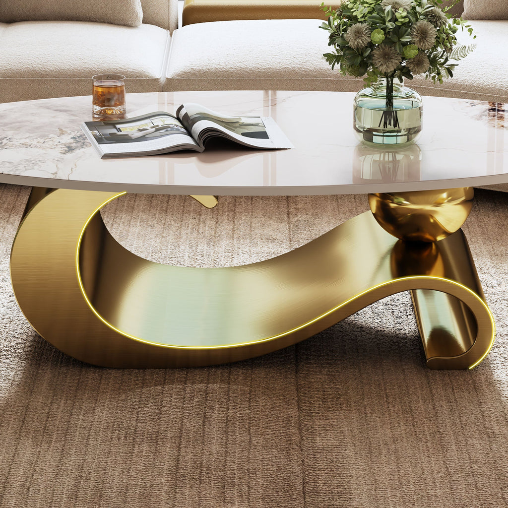 49.2' Faux Marble Oval Coffee Table, Contemporary Gold Stainless Steel Base, Modern Center Table for Living Room