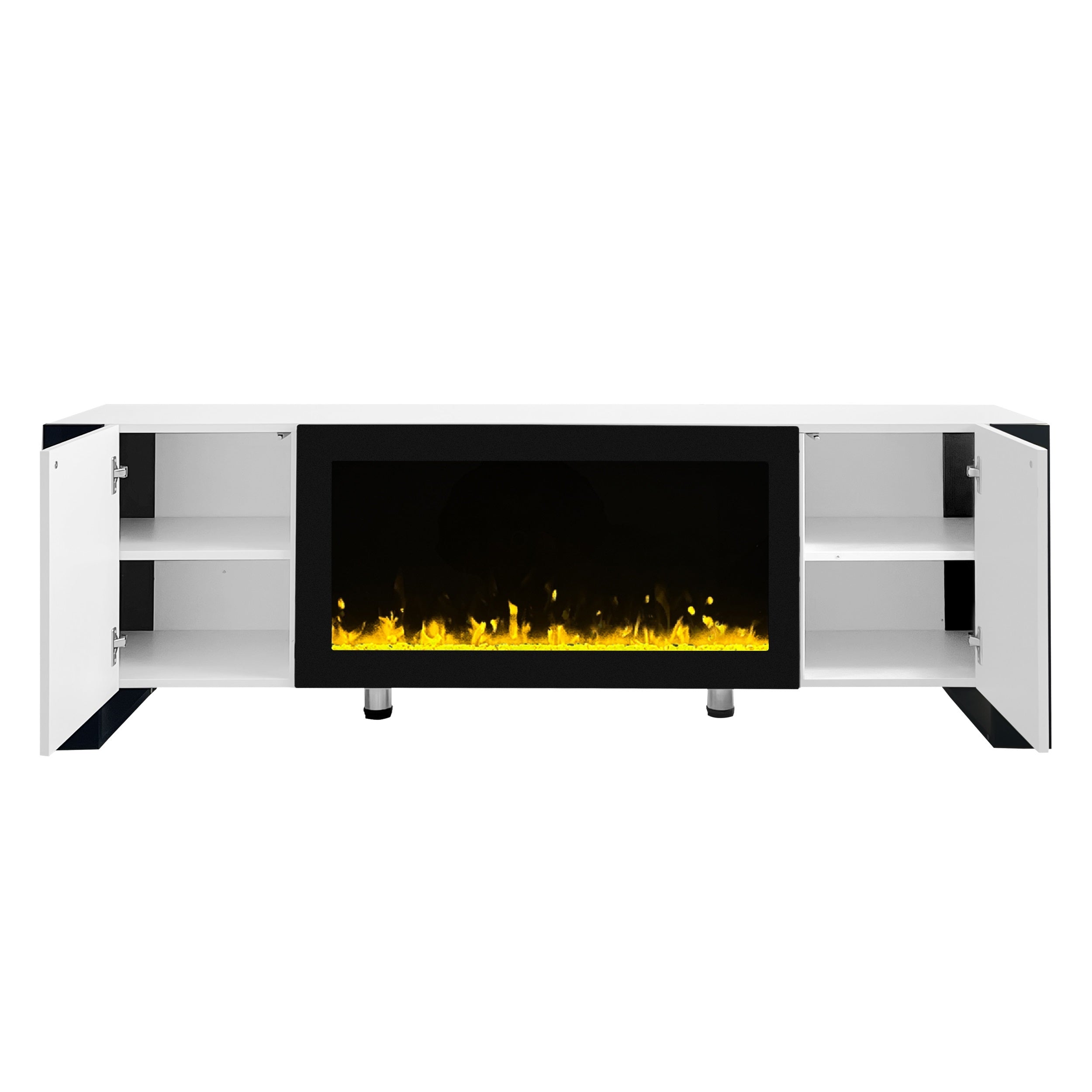 ON-TREND Modern TV Stand with 34.2' Non-heating Electric Fireplace, High Gloss Entertainment Center with 2 Cabinets, Media Console for TVs up to 78', White