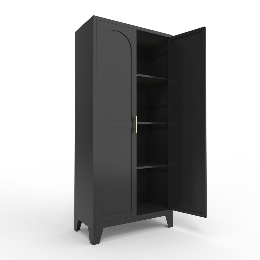 61'' 2 Shapely Doors Cabinet, Metal Storage Cabinet with Doors and Adjustable Shelves, for Bedroom, Living Room(Black)
