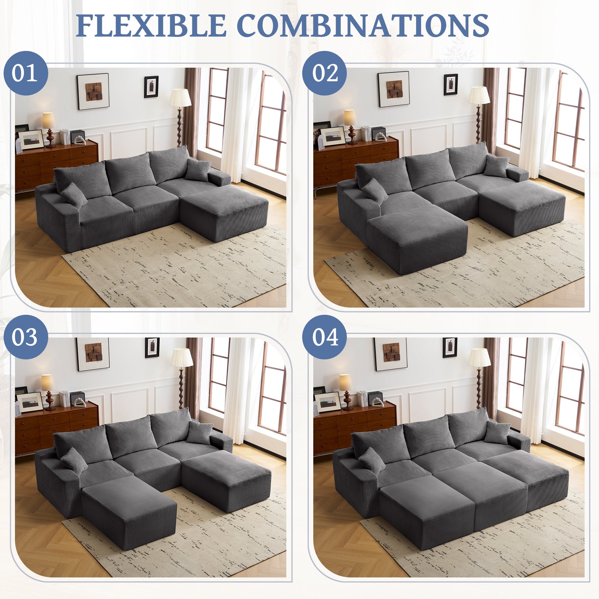 '110' L-Shaped Sectional Sofa, Full-Compression 3-Seater Cloud Couch with Chaise, No Assembly Required Sofa for Living Room, Ultra-Soft Deep Seat Modular Sofa(Corduroy, Grey)