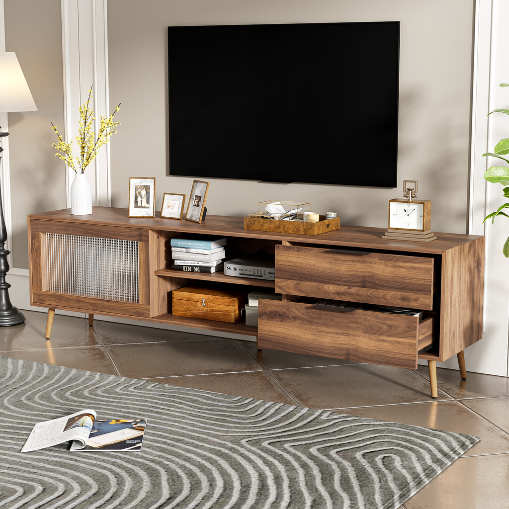 Modern TV Stand for 75'+ TV, TV Console with 2 Glass Doors, Entertainment Center with 2 Drawers & Storage Cabinet, 70' Media Console Table for Living Room, Bedroom