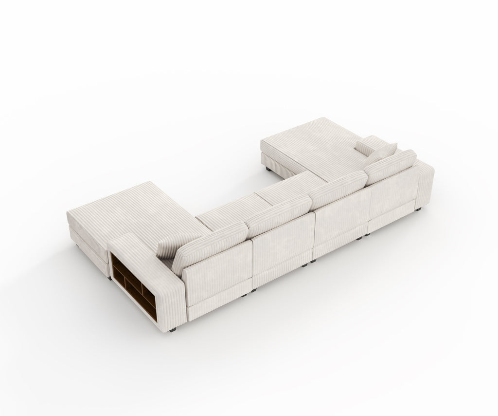 Convertible U-shaped Combination Sofa, Corduroy Fabric, Modern Comfortable Large Size 4 Seat Sofa, Living Room Double Lounge Chair,Beige