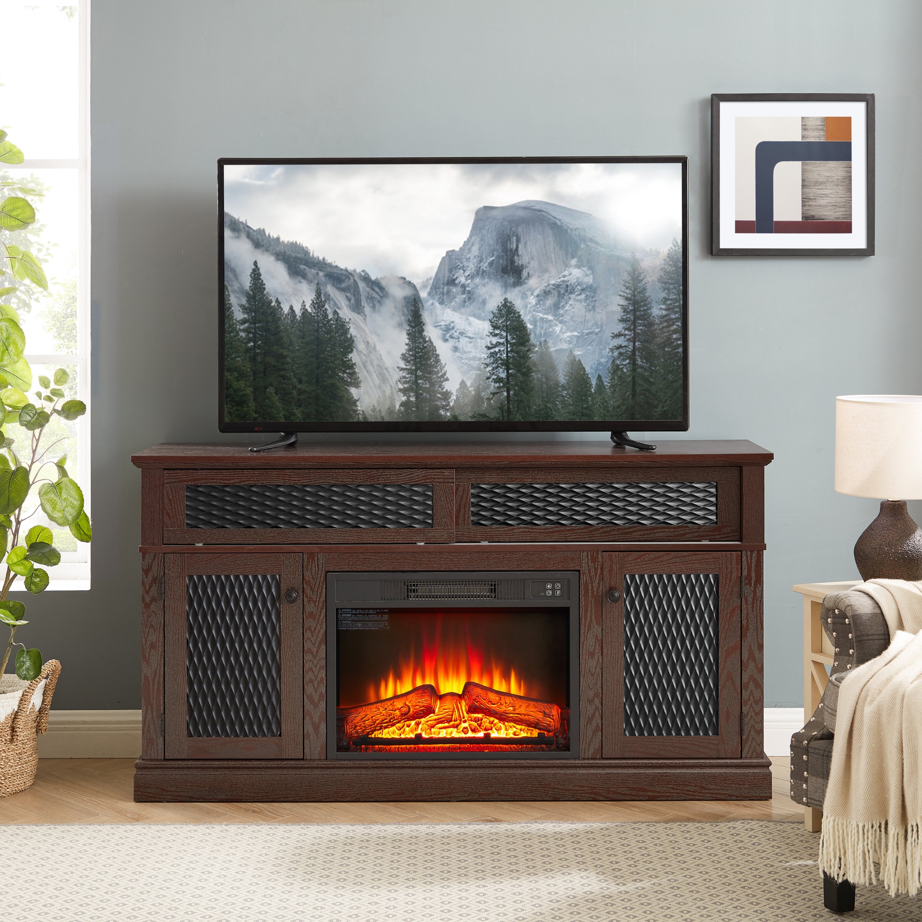 Embossed Pattern TV Stand with 23' fireplace insert,, TV and Media Console with Open and Closed Storage Space and sliding door for Living Room & Bedroom, Dark Cherry, 58.27'W*15.35'W*31.7H