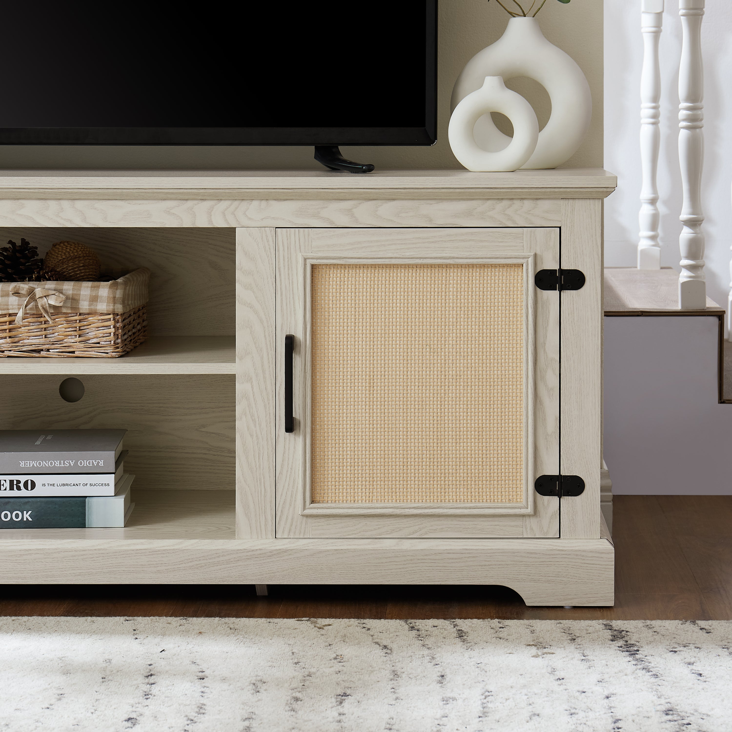 Farmhouse Rattan TV Stand Console Table for TVs up to 70 Inches, TV Console Table with 2 Storage Shelves, 2 Natural Rattan Door Cabinets,65'W*15.55'D*23.86'H, White
