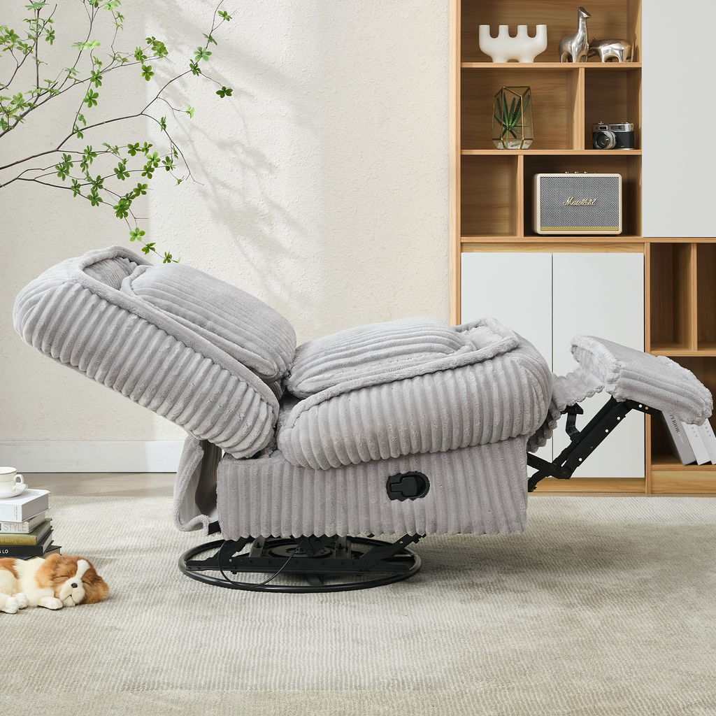 [NEW ARRIVED] 360° Swivel Rocking Single Sofa,Recliner Sofa, Manual Glider Rocking Armless Chair,Living Room Office, With Adjustable Backrest and Footrest and pillows, Small Spaces,Corduroy , Gray