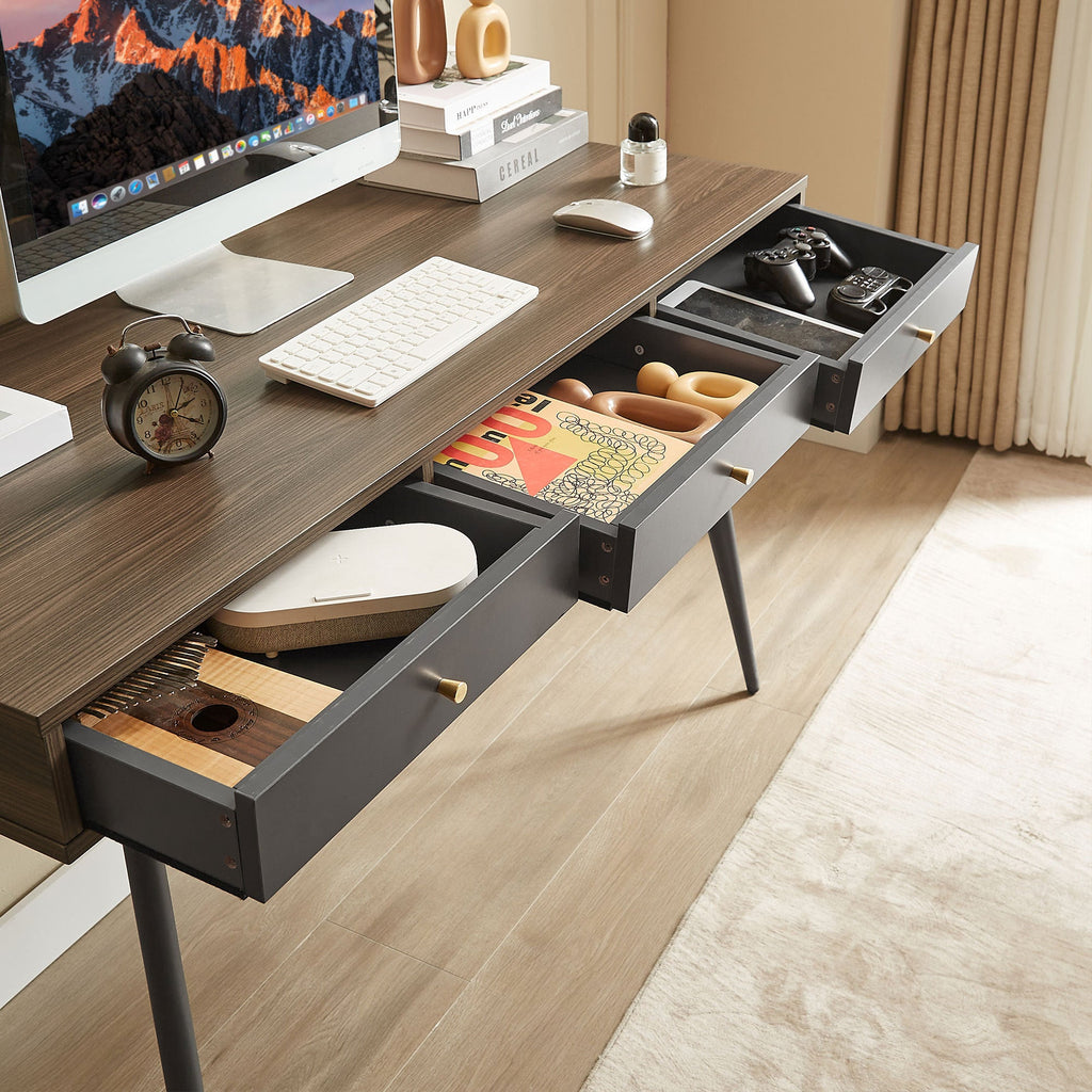 Mid Century Desk , Modern Writing Study Desk with Drawers, Multifunctional Home Office Computer Desk Walnut+Dark Grey