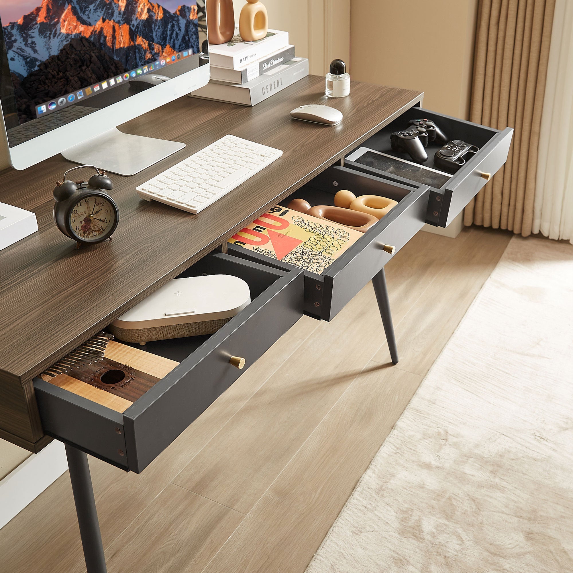 Mid Century Desk , Modern Writing Study Desk with Drawers, Multifunctional Home Office Computer Desk Walnut+Dark Grey