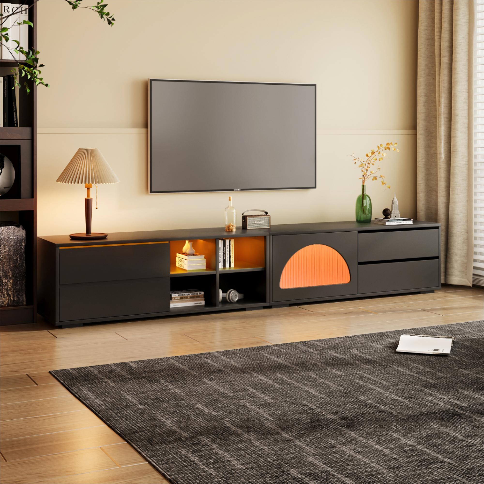 ON-TREND Modern TV Stand with Fluted Glass Door for TVs Up to 100', Media Console with Sliding Door & 2 Drawers, Free-Combination Entertainment Center with LED Light for Living Room, Bedroom, Black