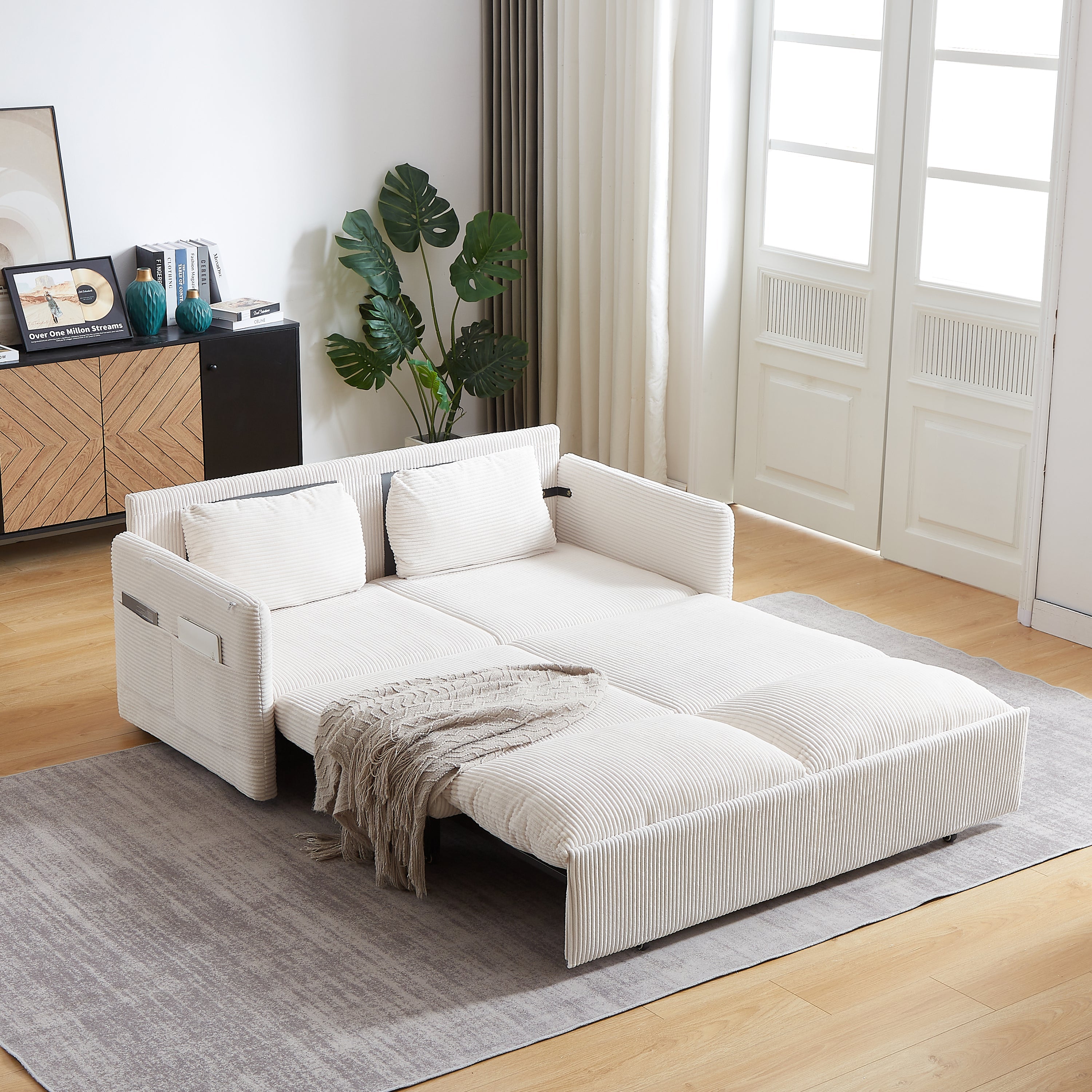 MH'' 64.5 Inch Sleeper Sofa Bed  3-in-1 Adjustable Sleeper with Pullout Bed   2 Pillows and Side Pockets  Soft Corduroy Convertible Sleeper Sofa Bed for Living Room Bedroom Apartment Office