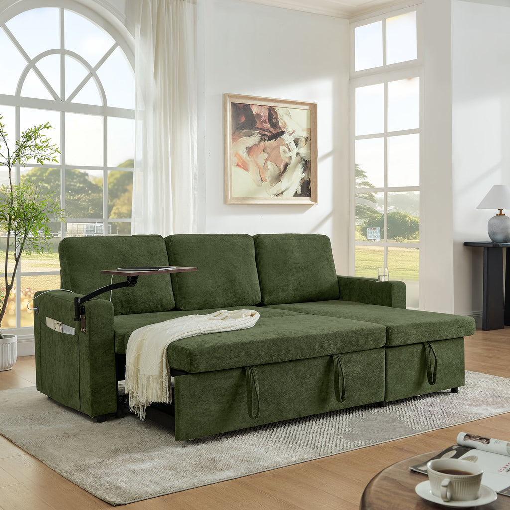 Modern Chenille Multi-functional Pull-Out Bed Sofa with Retractable Table and LED Lighting, USB Charging Ports and Cup Holders, Green