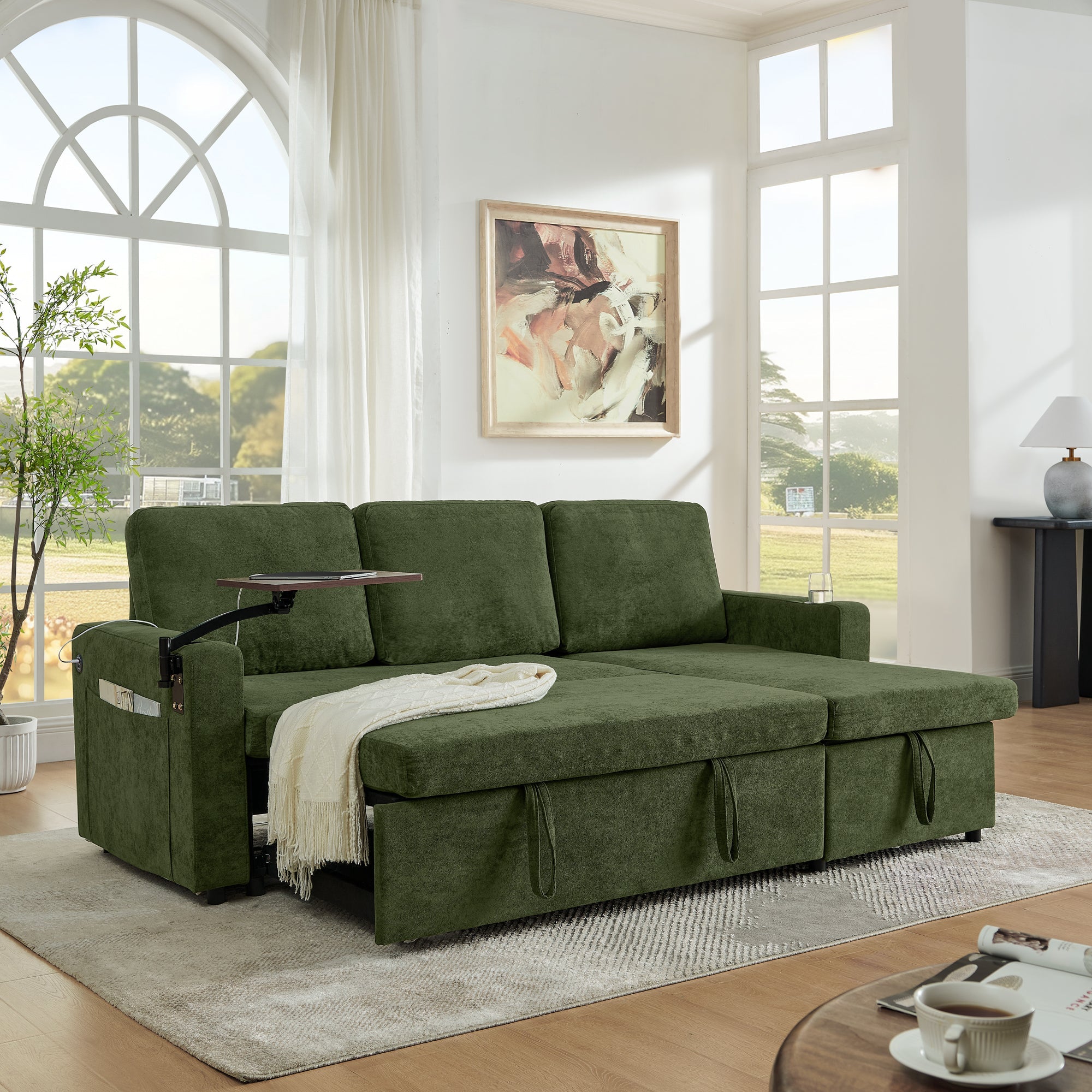Modern Chenille Multi-functional Pull-Out Bed Sofa with Retractable Table and LED Lighting, USB Charging Ports and Cup Holders, Green