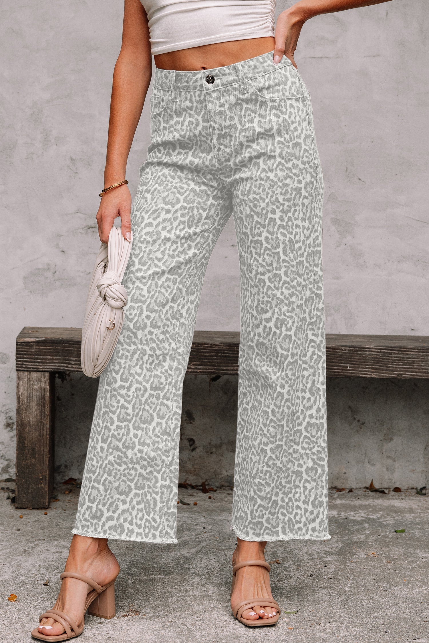 Leopard Frayed Edge High Waist Wide Leg Jeans