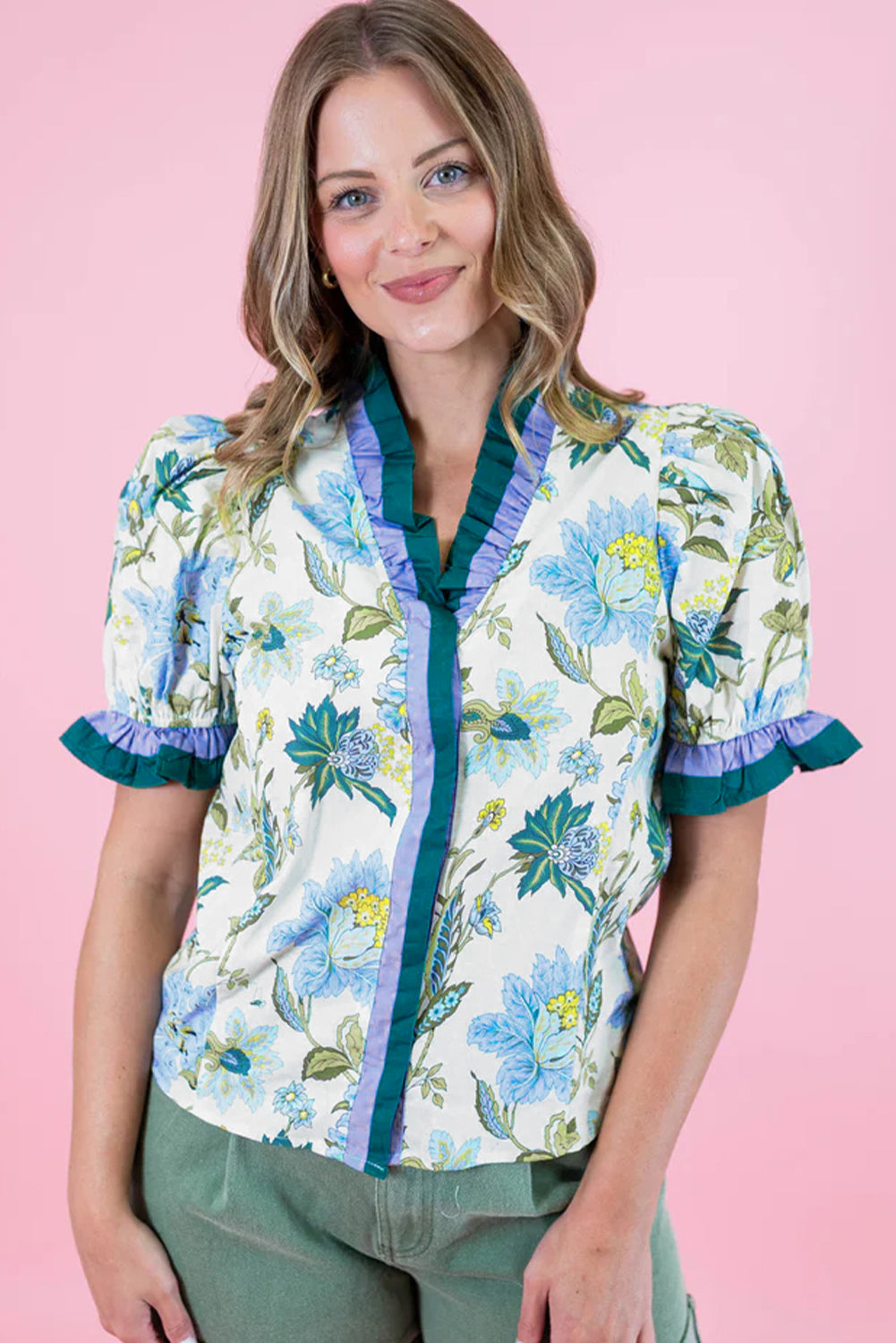 Floral Contrast Frill Stripe Trim Blouse