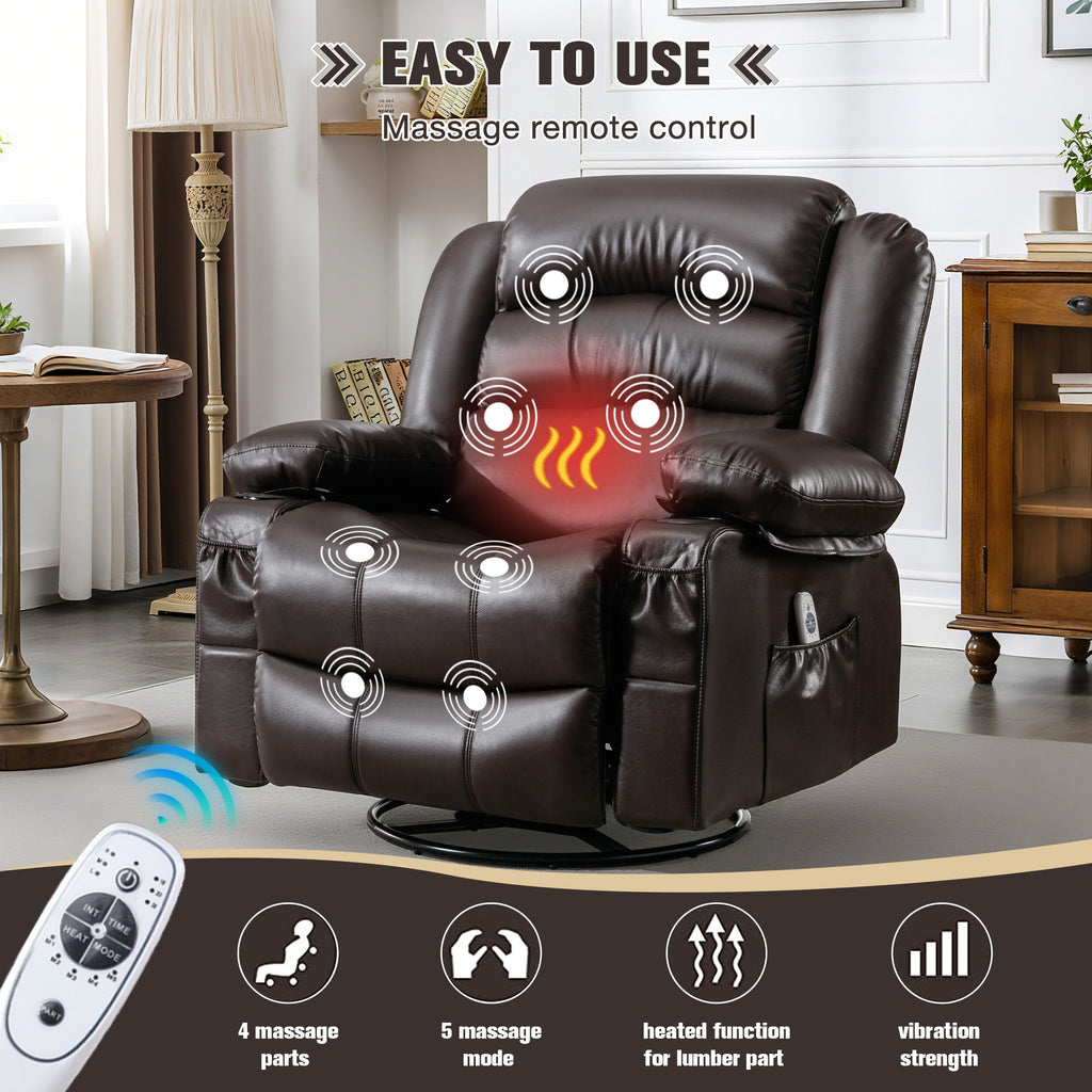Massage Swivel Rocker Recliner Chair with Vibration Massage and Heat Ergonomic Lounge Chair for Living Room with Rocking Function and Side Pocket 2 Cup Holders USB Charge Port