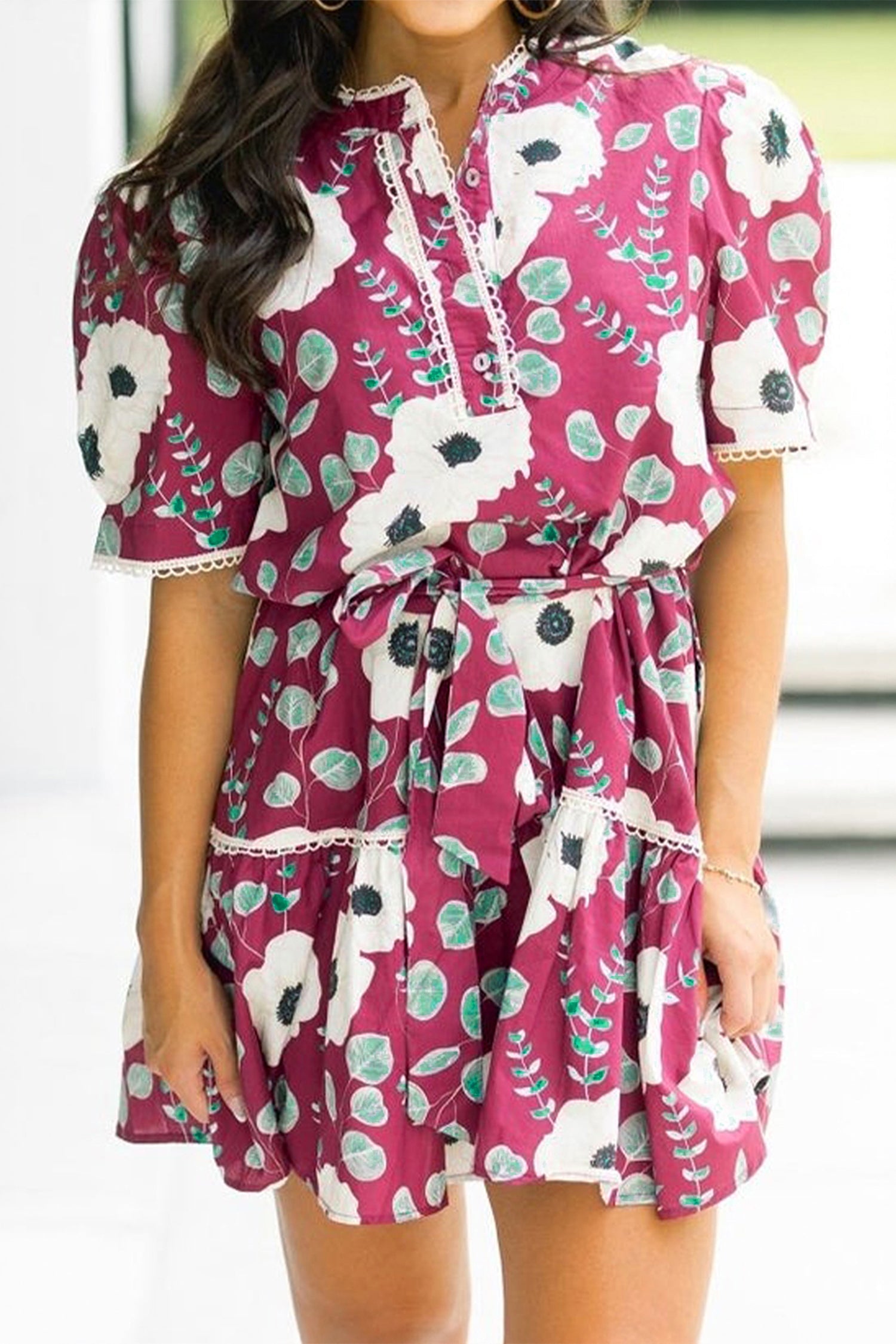 Floral Short Puff Sleeve Belted Mini Dress