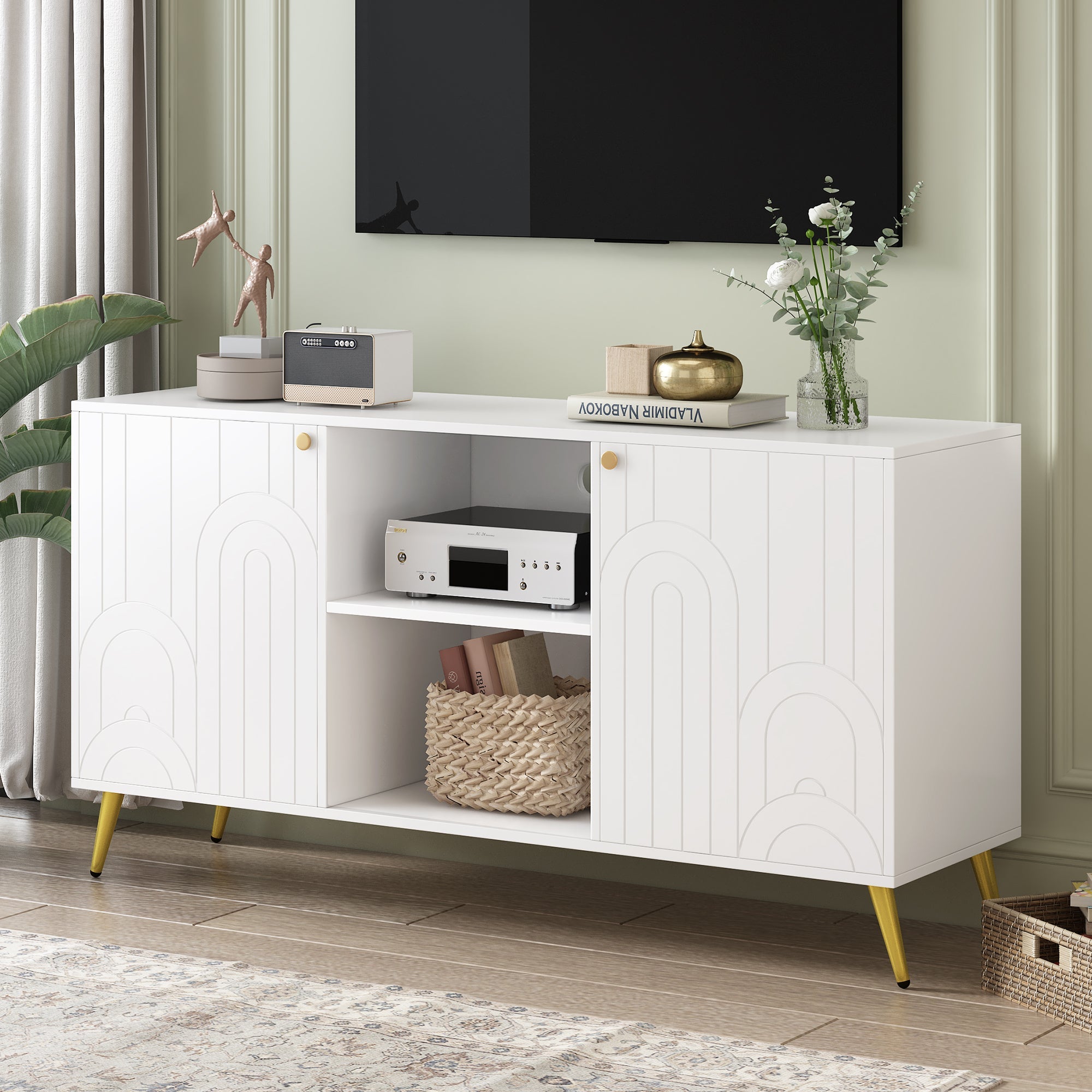 U-Can Modern TV Stand for TVs up to 55 Inches, Entertainment Center Media Console,Adjustable Shelf, Metal Legs, Handles and Anti-tip Device for Living room