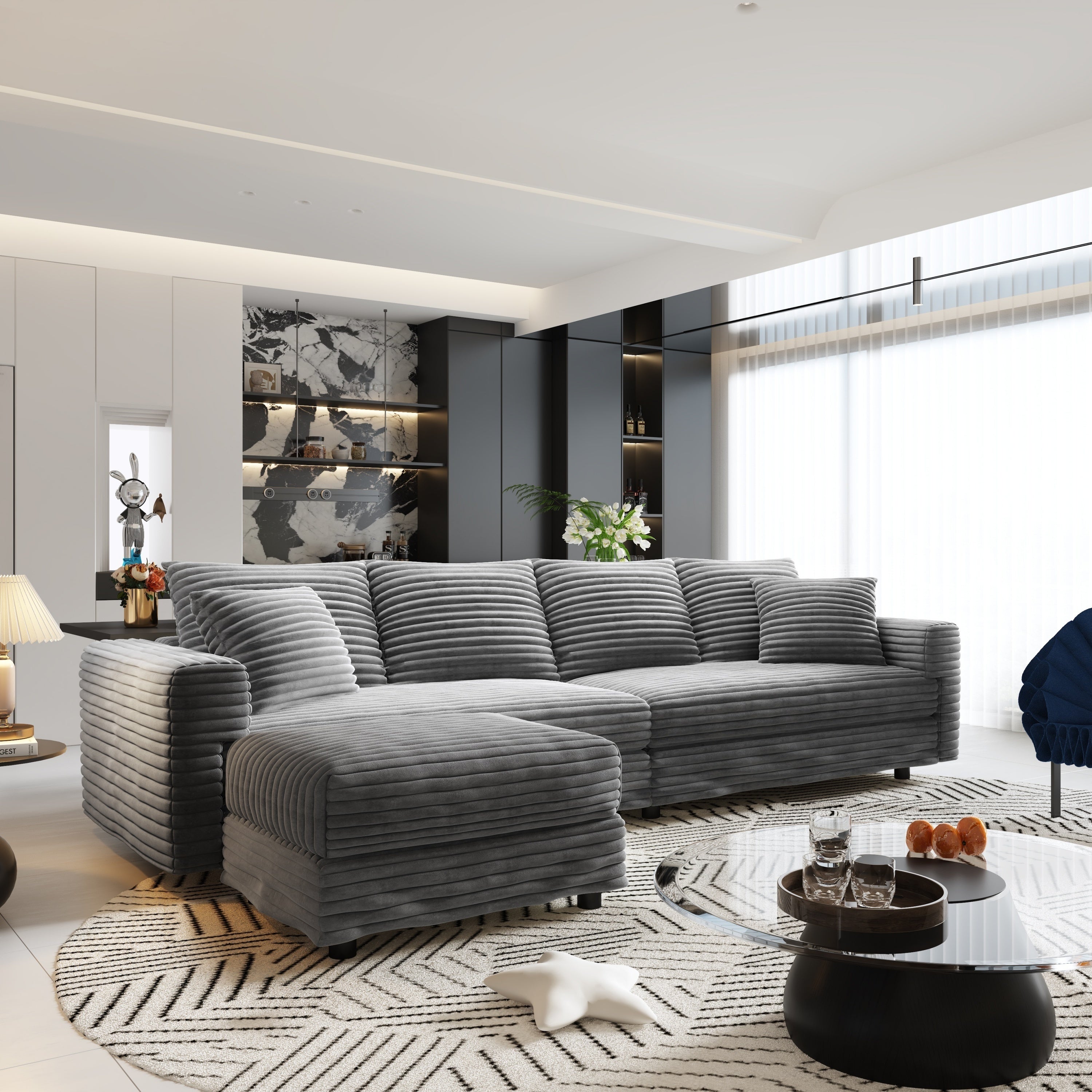 102.4 'Plush Corduroy 4-Seat Sofa,Modern Comfy Upholstered Sofa Cloud Couch,Deep Seat Couches with Soft Pillows and Movable Ottoman,Convertible Sofa Lounge Chair,for Living Room,Apartment,Office,Grey