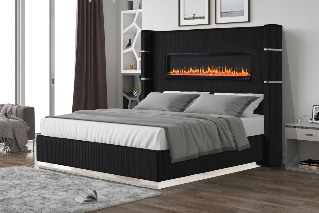LIZZELLE Upholstery Wooden King 5 PC Bedroom set with Ambient lighting in Black Velvet Finish(NJ INVENTORY)