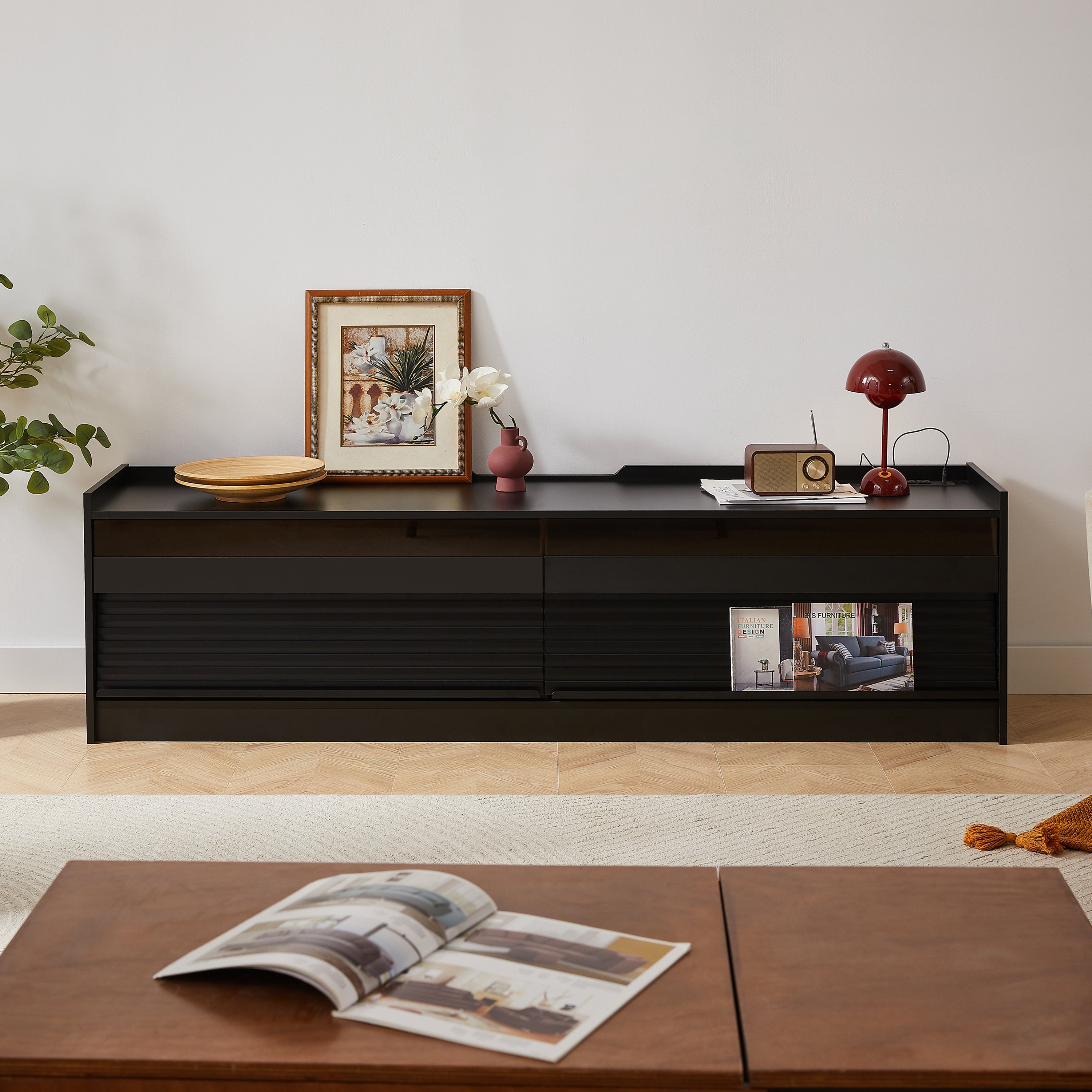 Mirod Modern TV Stand with Ample Storage,4 Drawer Design with Tempered Glass ,Built-in Charging Ports and Ambient LED Lighting ,Versatile for Any Decor Style
