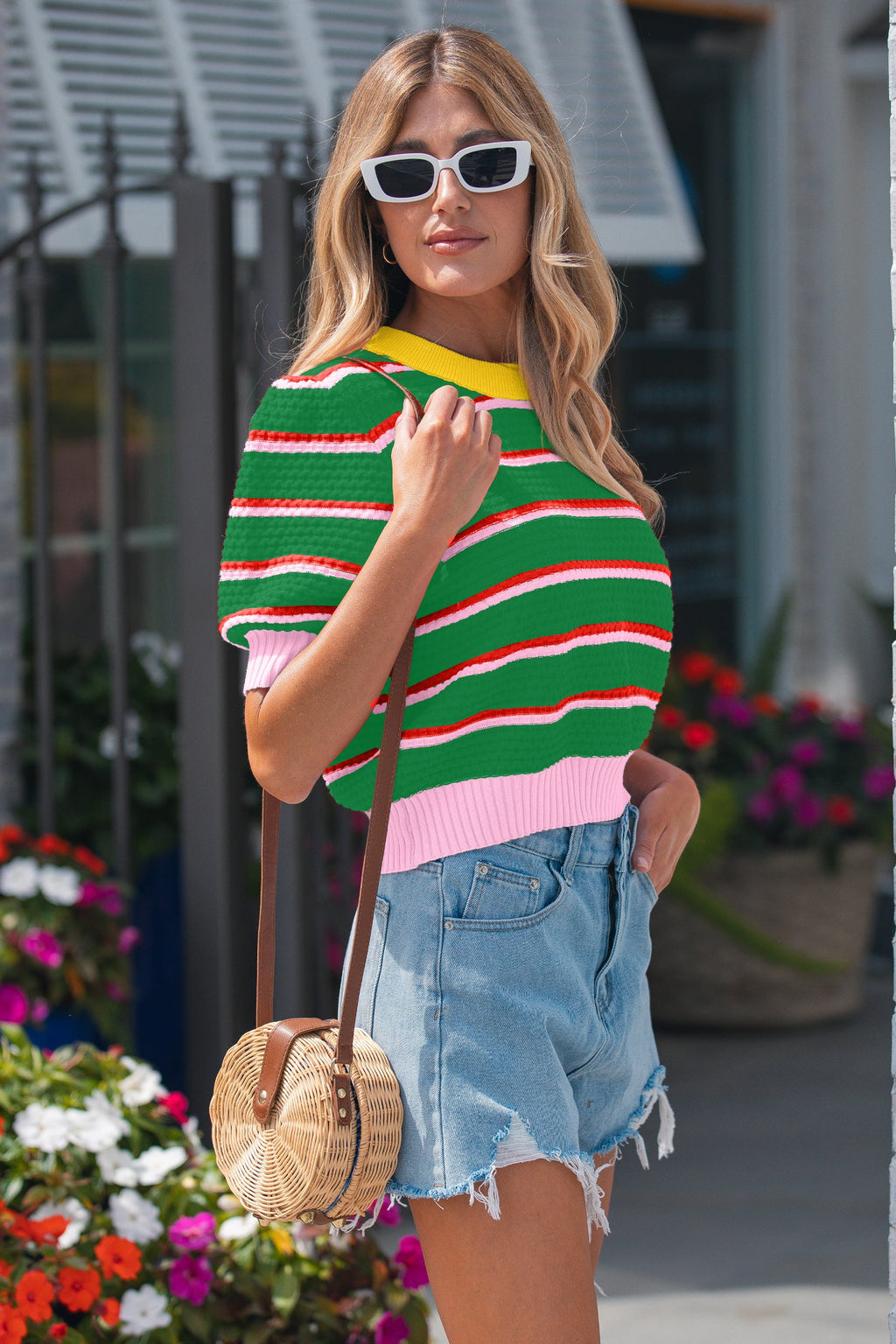 Stripe Colorblock Trim 3/4 Sleeve Sweater Top