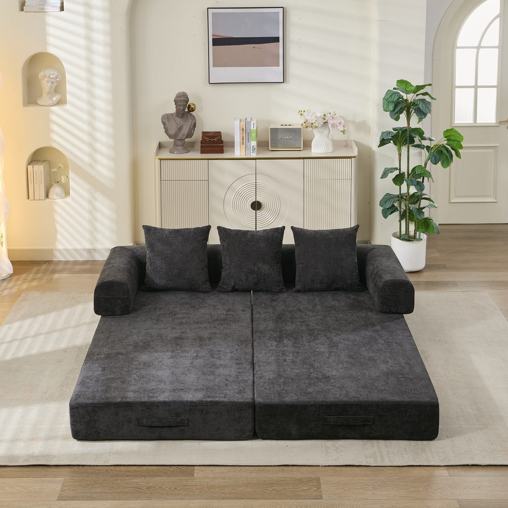 Comfy Convertible Folding Mattress Couch, Floor Sofa Bed, Chenille Floor Sofa with Armrest, Floor Sofa Lounge Couch for Living Room Bedroom Lounge Studio-Black