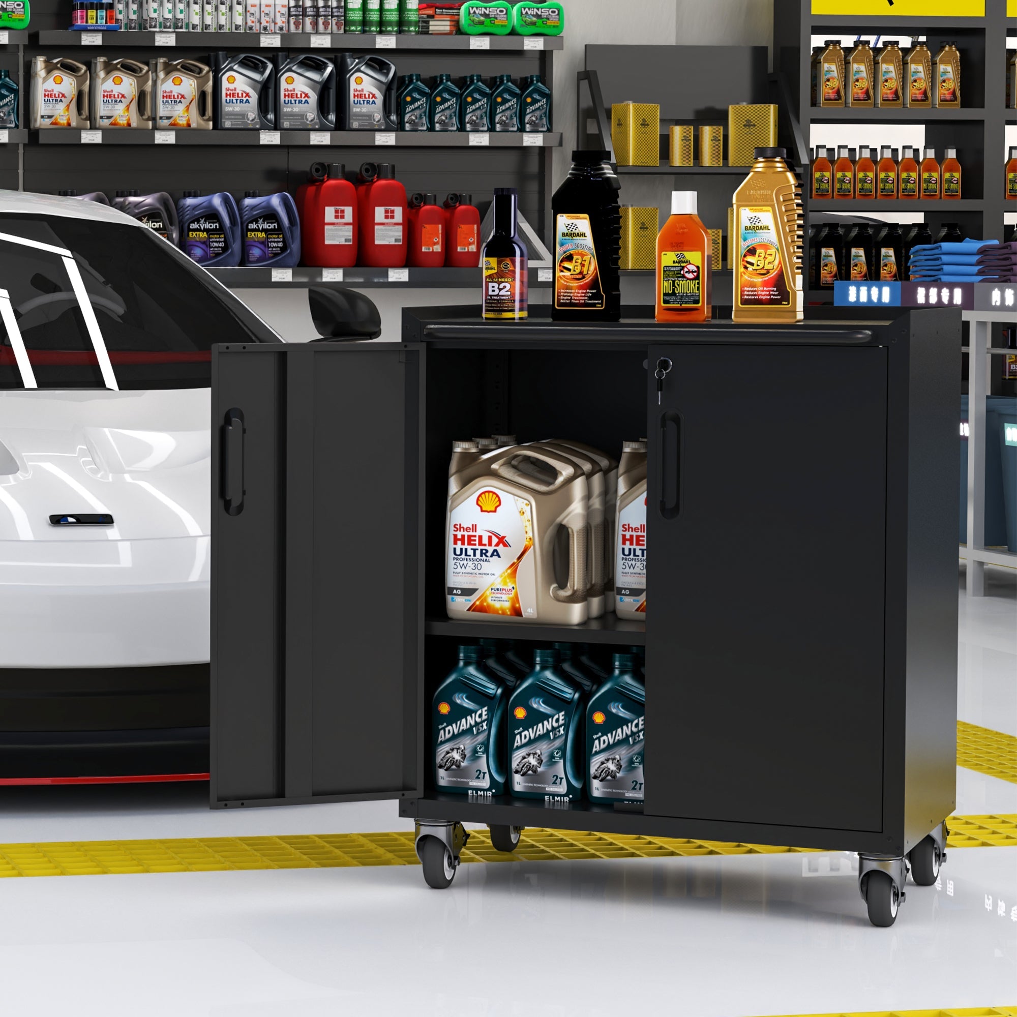 Heavy-Duty Metal Garage Storage Cabinet with Wheels - Sturdy Tool Storage Solution in Black Steel, 29.53x17.72x34.65 inches