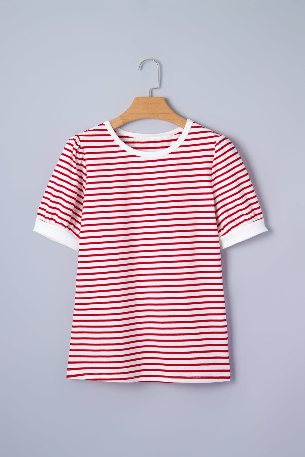 Stripe Contrast Trim Round Neck Puff Sleeve T-Shirt