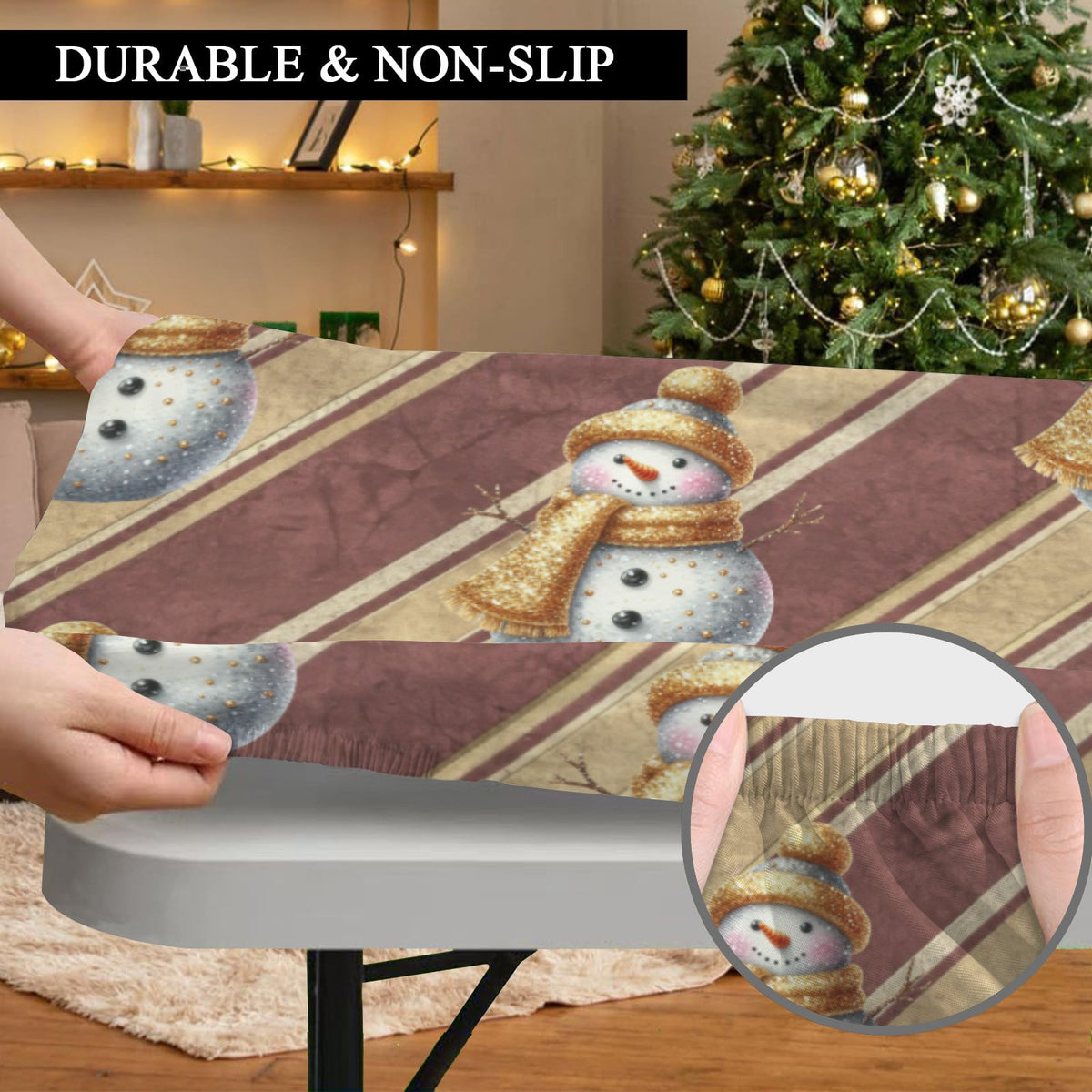 Sparkly Snowman on Red Stripes Elastic Fitted Tablecloth - 72" x 30" (Made in USA)