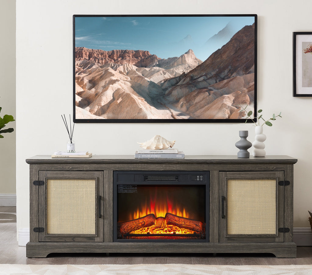 Natural Rattan Door Cabinet with Adjustable Shelf Wood, Farmhouse Rattan TV Stand Console Table for TVs up to 70 Inches, Storage tv stand with 23' fireplace insert, 65'W*15.55'D*23.86'H,GREY