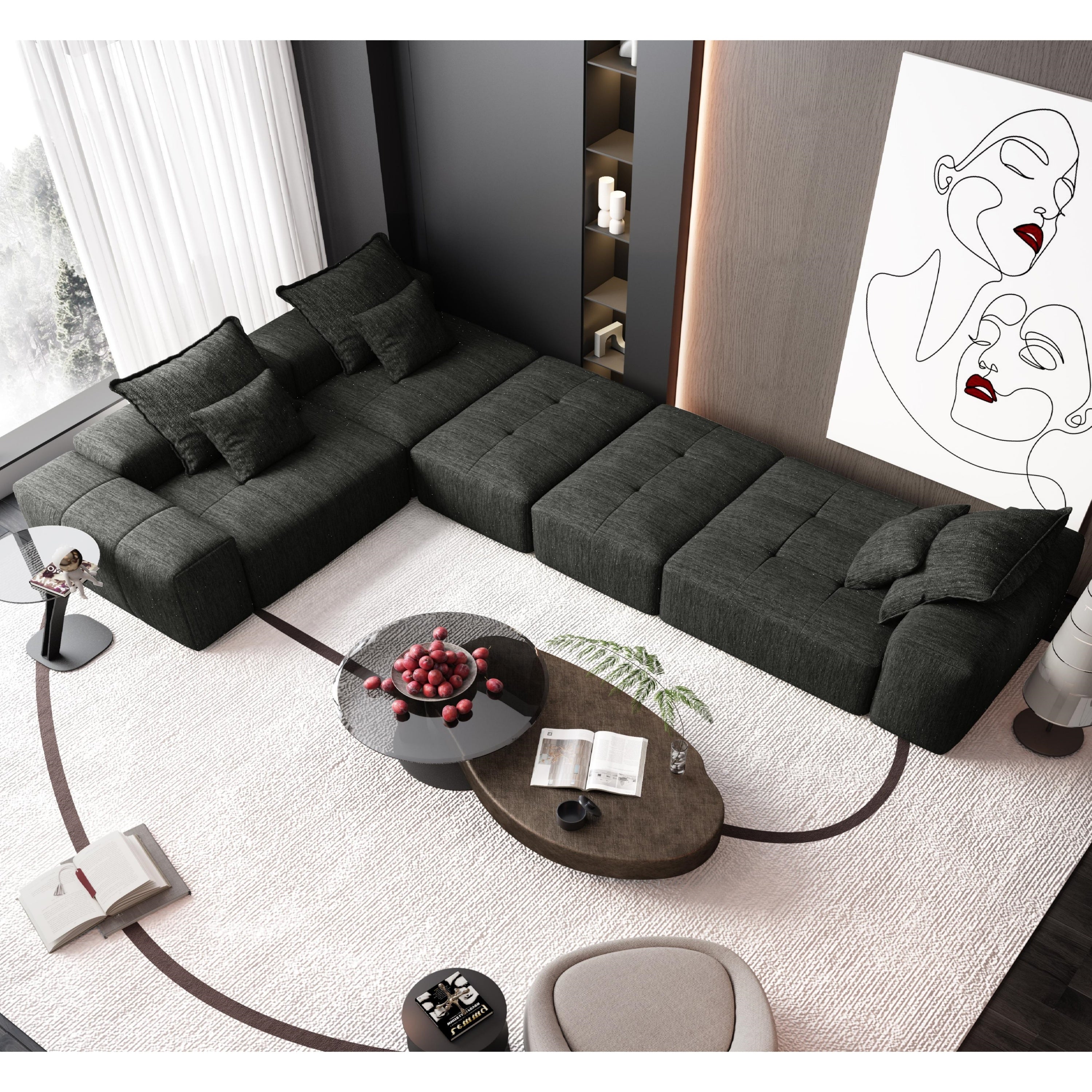 Modern Oversized Modular Sectional Sofa, Sparkling Chenille Fabric Soft Cushion Sofa with 6 Pillows, 6 PCS DIY Combination Tufted Sofa, No Assembly Required, BLACK