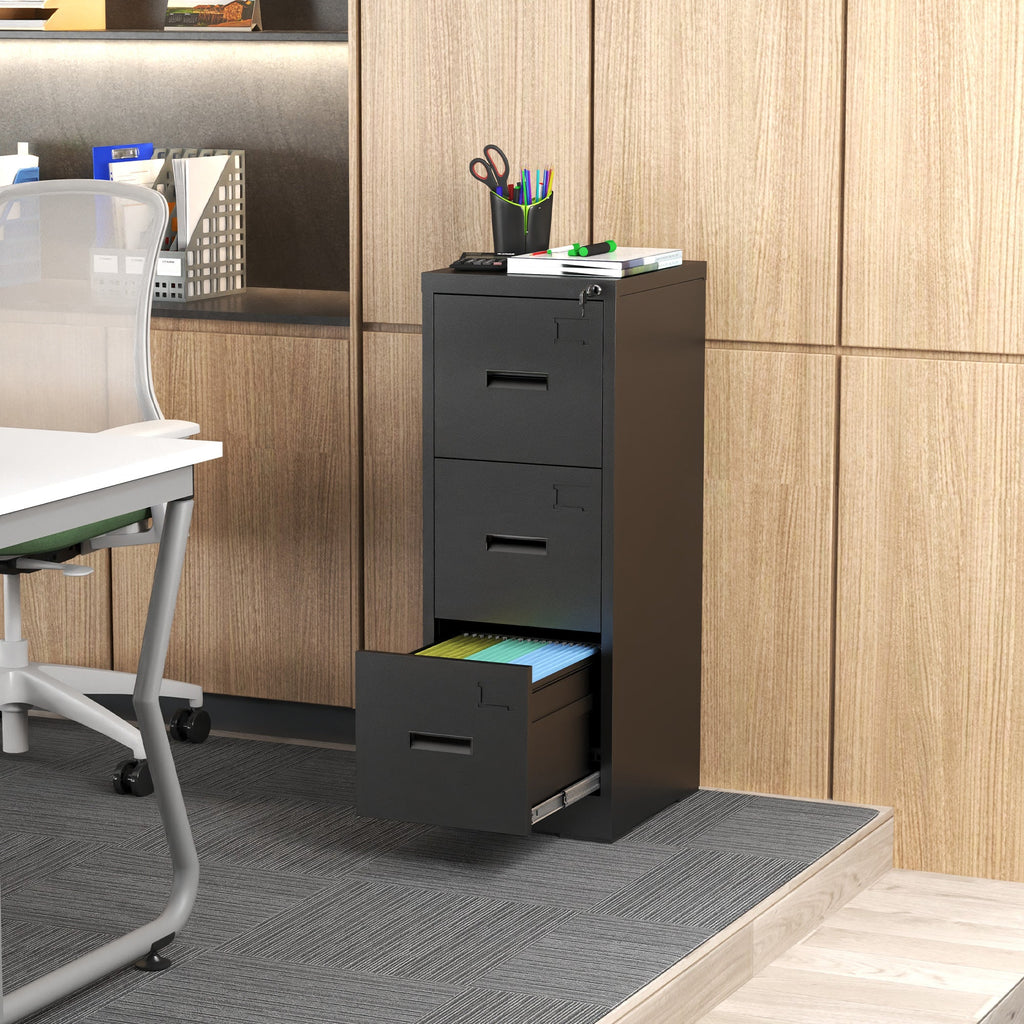 Metal Vertical File Cabinet with Lock and Card Slot for A4 Legal/Letter Size, Black, Durable Steel, 40.4H x 17.7W x 15.2L inches