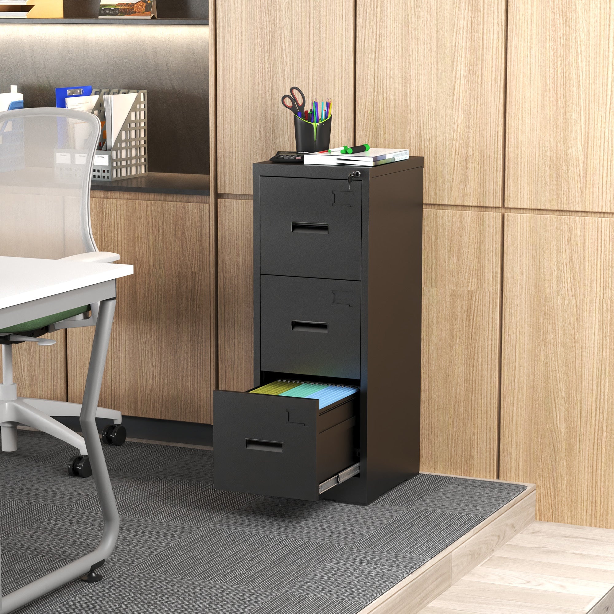Metal Vertical File Cabinet with Lock and Card Slot for A4 Legal/Letter Size, Black, Durable Steel, 40.4H x 17.7W x 15.2L inches