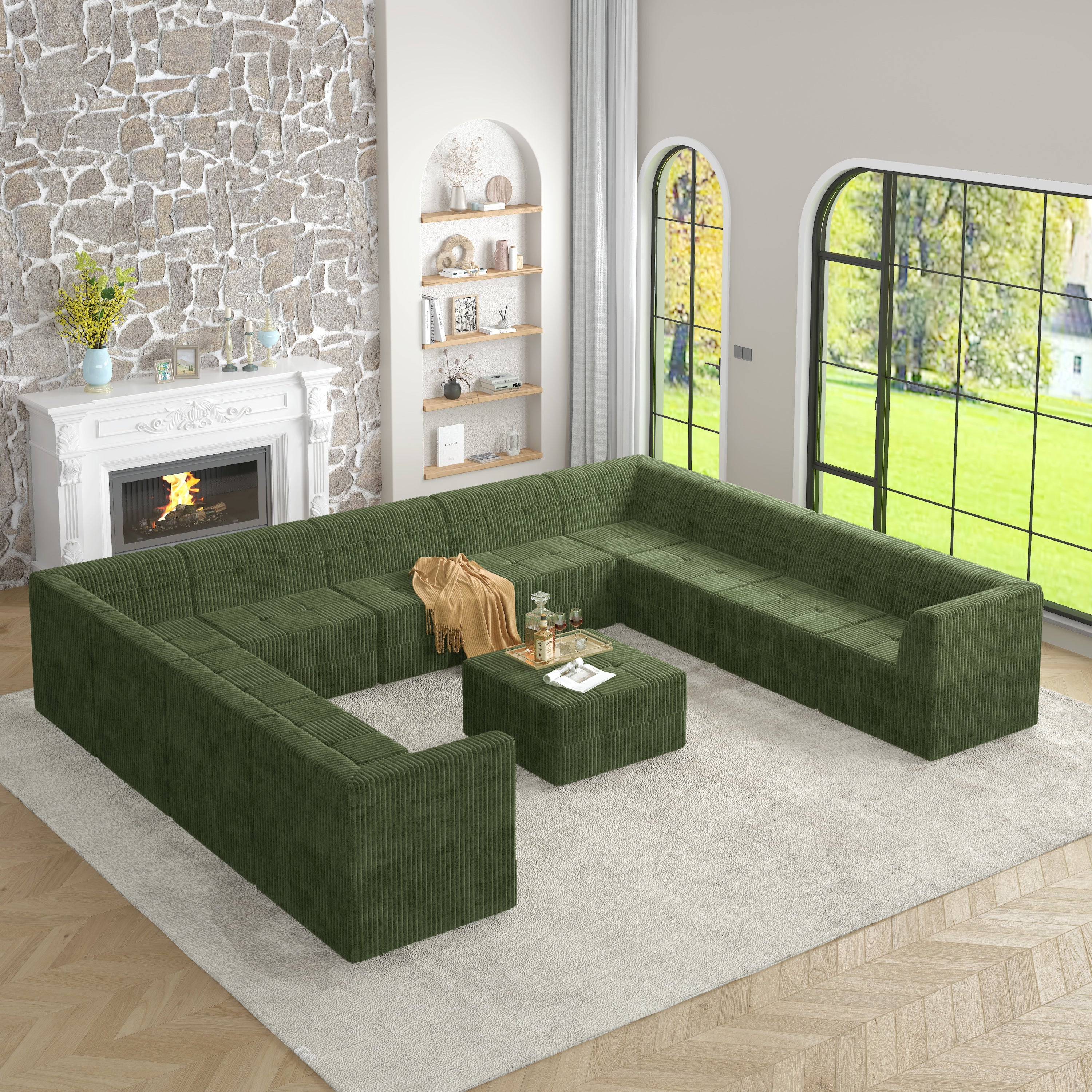 U shape Modular Sectional Sofa,DIY Compressed Sectional Sofa Modern Minimalist Style Corduroy Couch, Sleeper Sofa for Living Room, Bedroom, Comfy Compressed Sofa Couch Space-GREEN