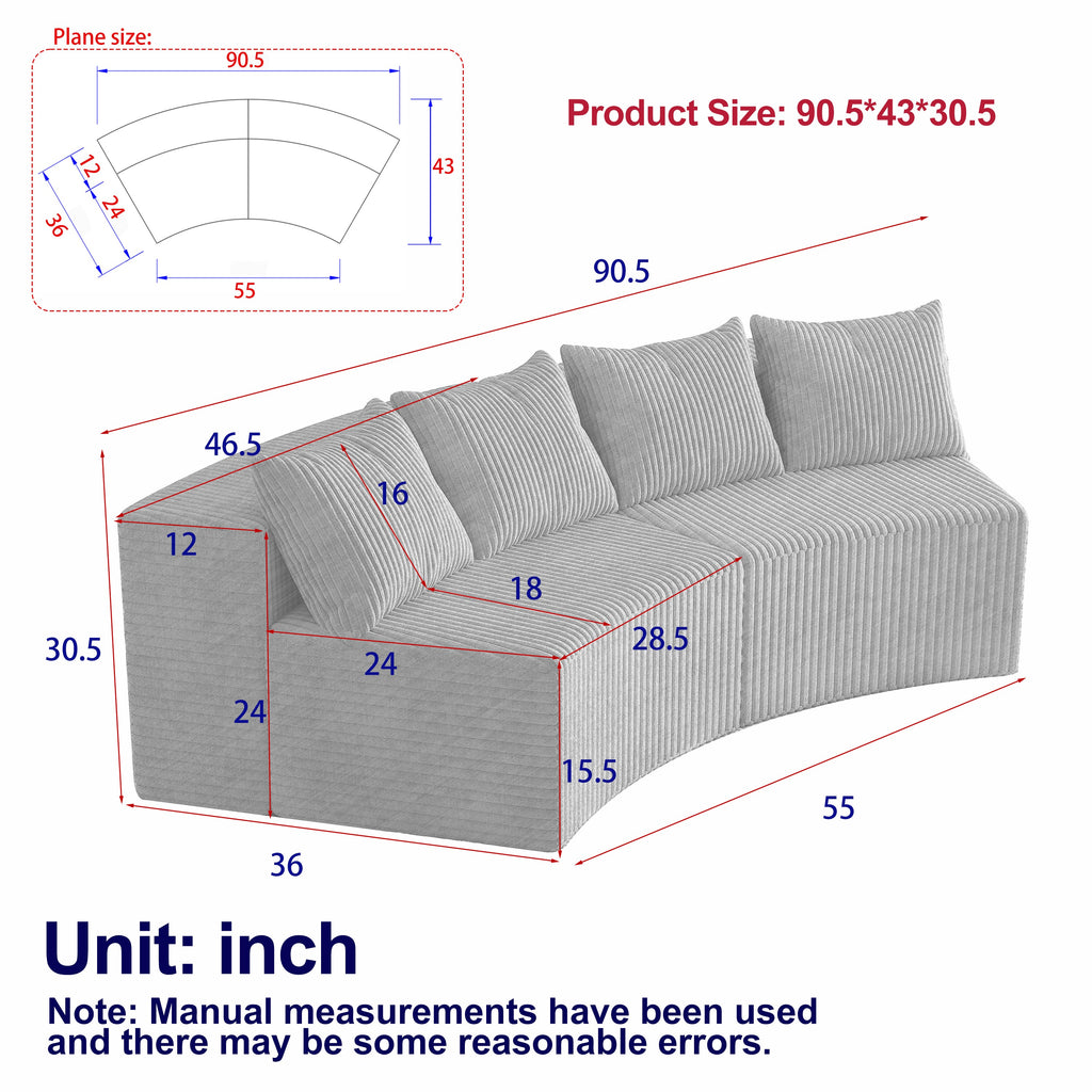 Corduroy curved sectional sofa with four pillows,Curved Symmetrical Modular Semi Circular Sofa Sectional for bedroom, living room, office for leisure or nap, reading room, and lobby(Two modules)