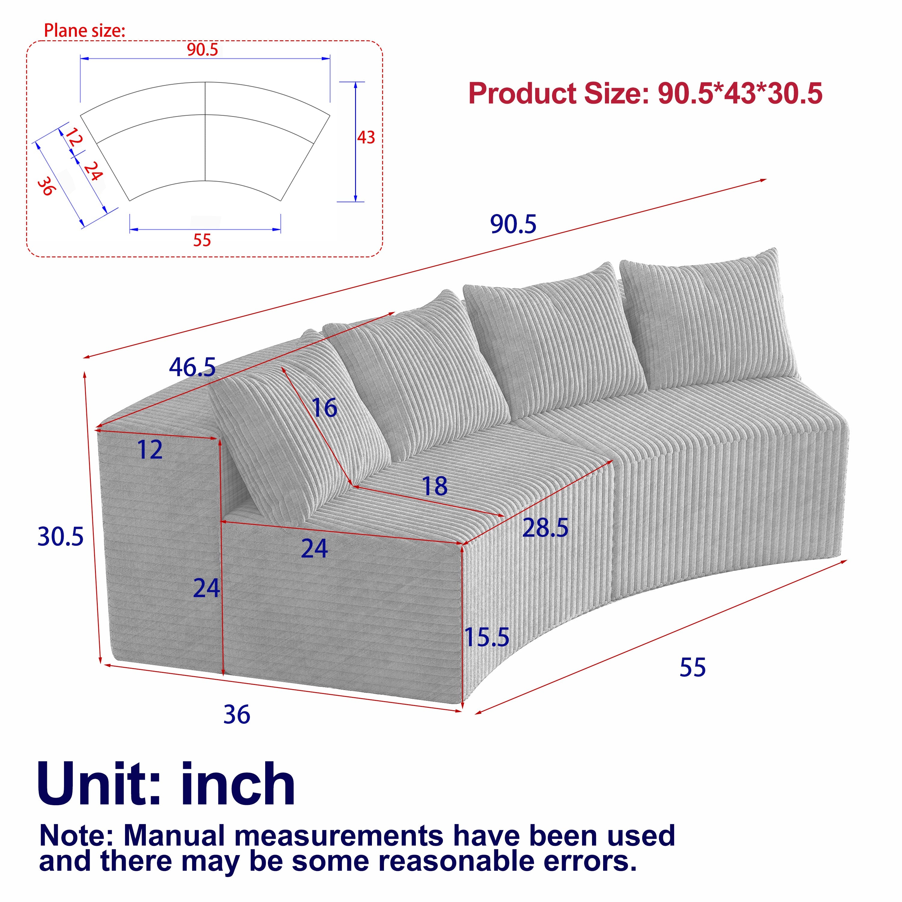 Corduroy curved sectional sofa with four pillows,Curved Symmetrical Modular Semi Circular Sofa Sectional for bedroom, living room, office for leisure or nap, reading room, and lobby(Two modules)