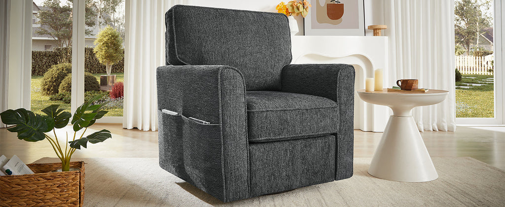 360° Swivel Chair Accent Barrel Armchair with Side Pockets, Grey Chenille, Compact Design for Living Room, Bedroom, Office