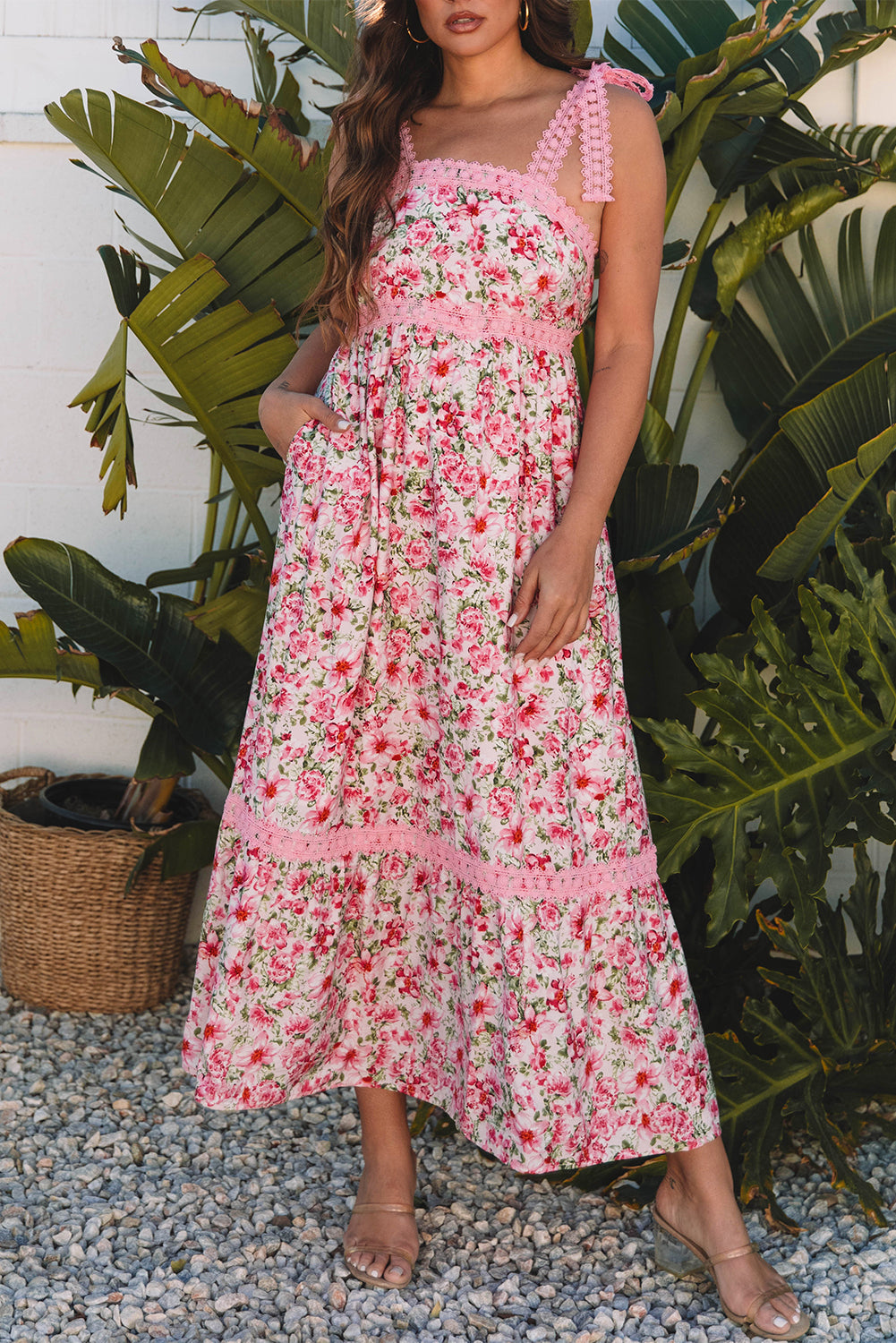 Floral Lace Tied-Strap Empire Waist Maxi Dress