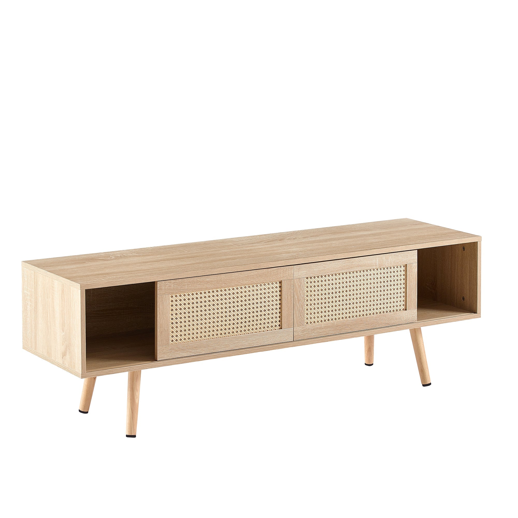Natural Rattan TV Cabinet with Double Sliding Doors, Adjustable Shelf, Solid Wood Legs, 55.12 Inches