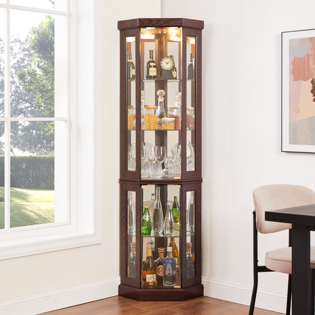 Lighted Corner Curio Cabinet - Display Case for Living Room, Antique Collectibles, Wine & Bar Glass Storage - Elegant Corner Design with Lights Included-Dark Cherry