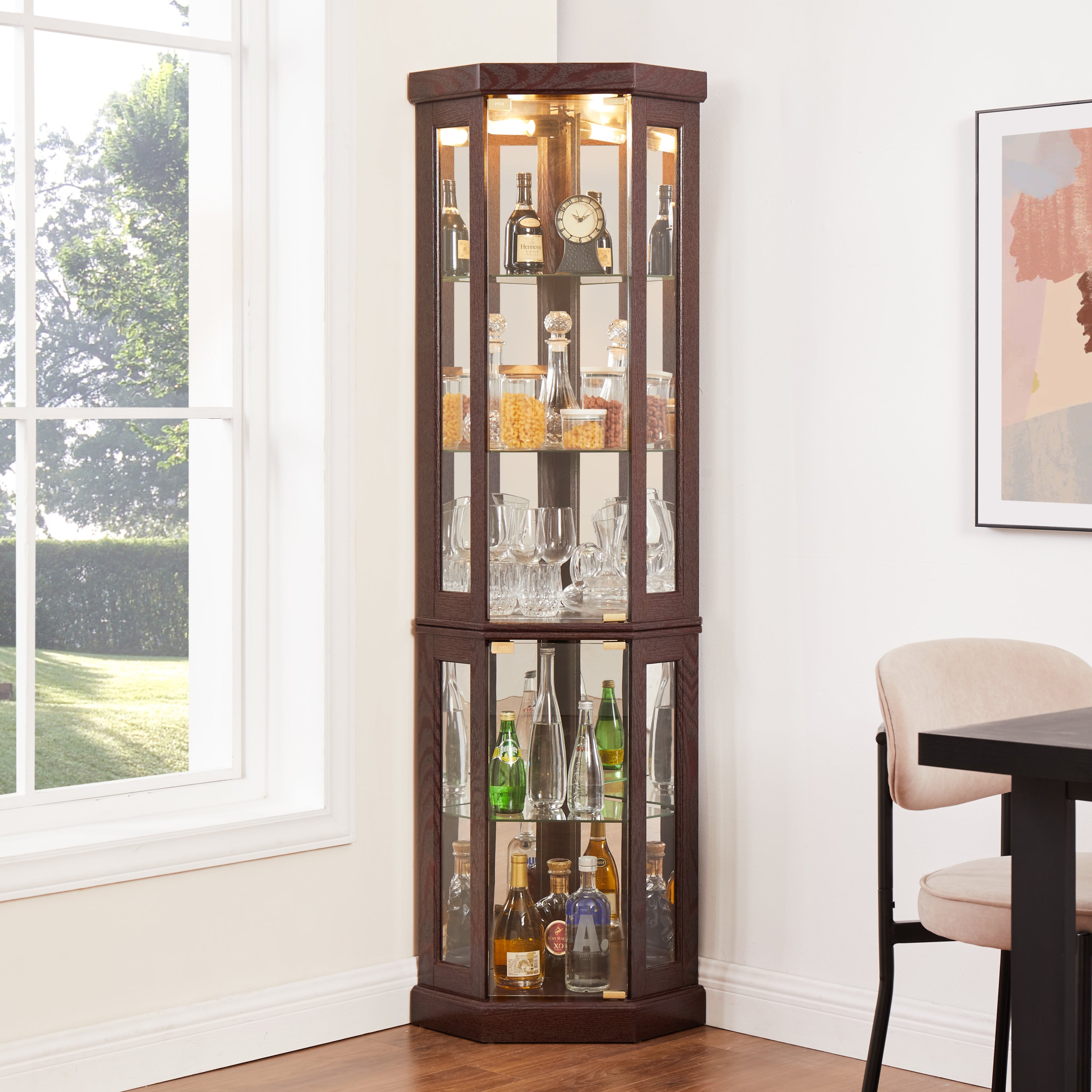 Lighted Corner Curio Cabinet - Display Case for Living Room, Antique Collectibles, Wine & Bar Glass Storage - Elegant Corner Design with Lights Included-Dark Cherry